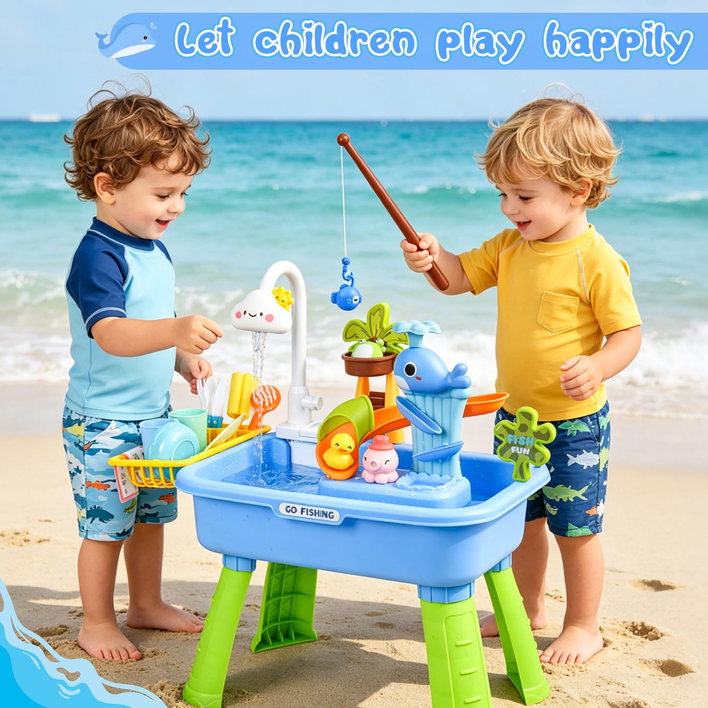 Upgraded Toddler Sand Water Table Toy with Electric Water Pump, Kids Sand Water with Faucet/Play Food Accessories/Fishing Toy, Kitchen Play Sink Toys for Girl Boy Age 3+ (Blue-Cloud)