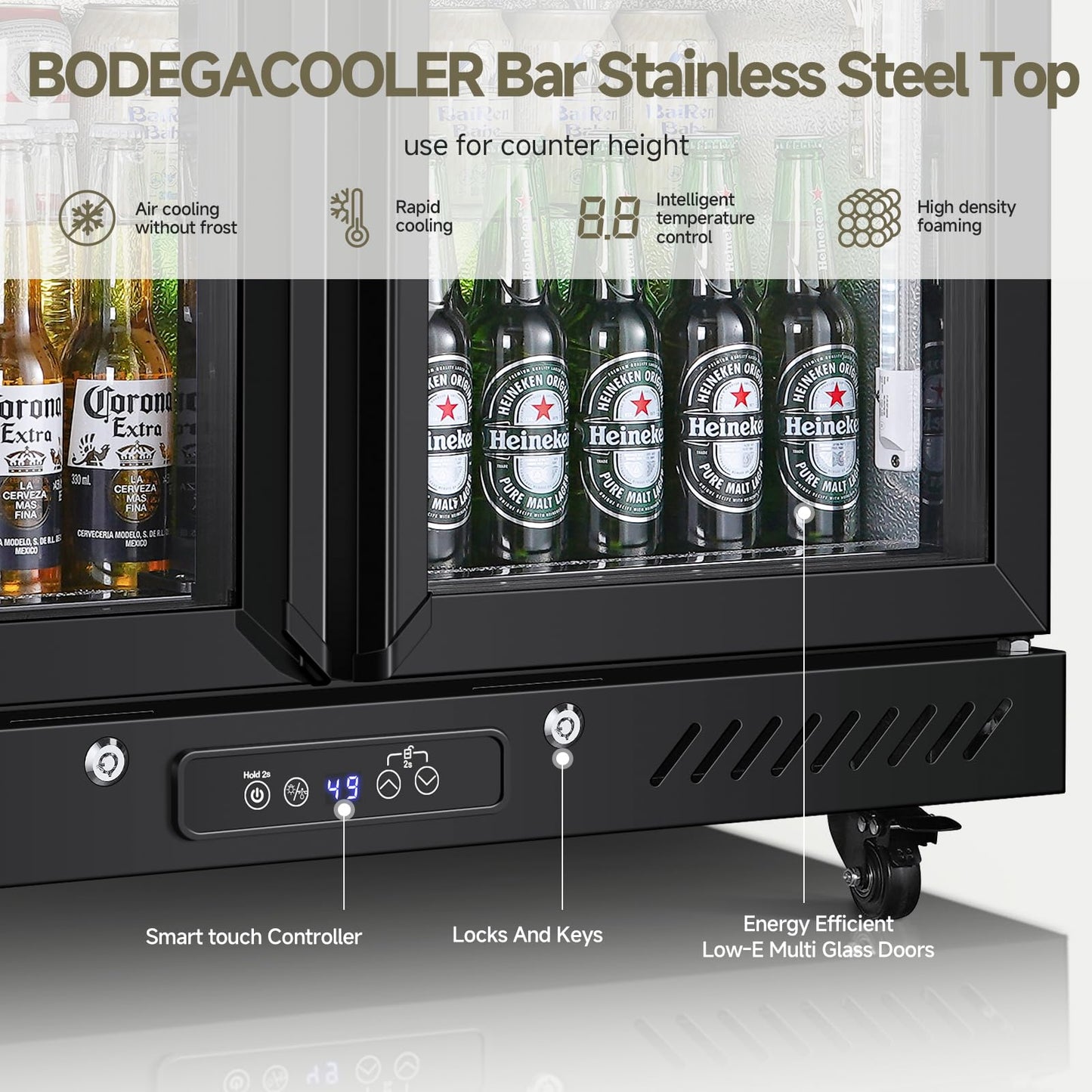BODEGACOOLER Back Bar Cooler with 2 Glass Doors,7.7 Cu.ft Commercial Back Bar Beverage Refrigerator Counter Height,LED Lighting for Soda Drinks,Beer,Wine Stainless Steel Top,DOE Approved,4 Casters