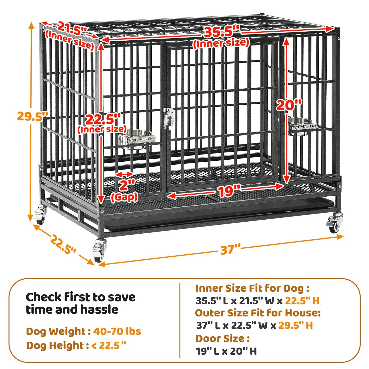 Homey Pet 37 inch Stackable Heavy Duty Dog Crate, Indestructible Escape Proof Dogs Cage Kennel with Lockable Wheels, Removable Tray & Metal Grid, Double Doors for High Anxiety Medium/Small Dogs