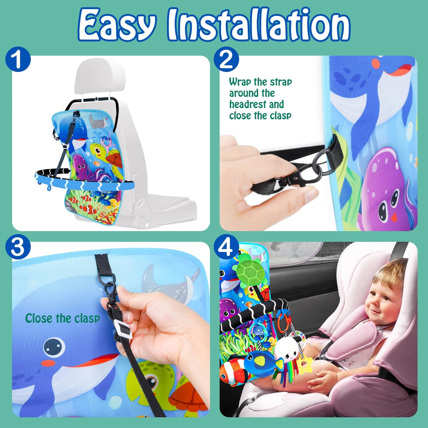 Innofans Baby Car Seat Ocean Animals Toys - Kick and Play Double Sided Infant Car Seat Toys with Plush Toys, Mirror, Teether for Baby Travel Activities, Christmas Birthday Gifts Newborn Infant Toy