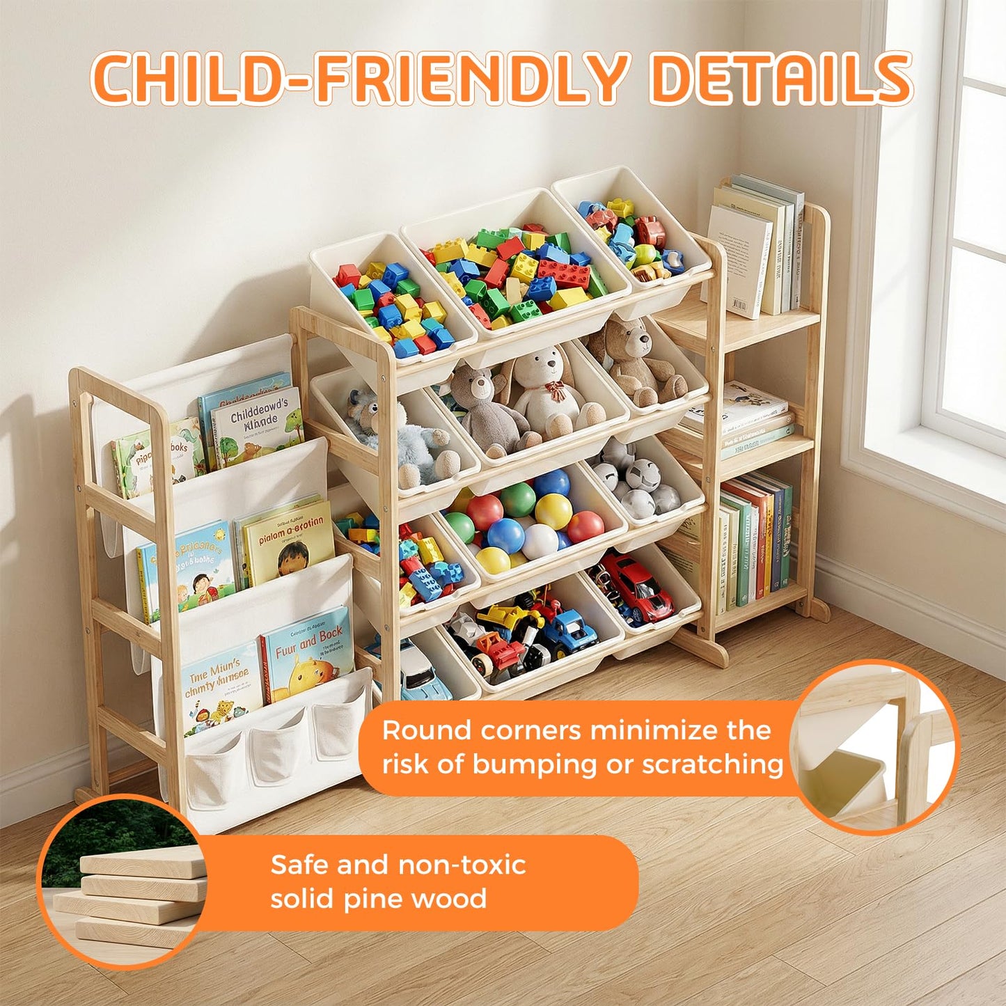 Toy Storage Organizer, 3-in-1 Extra Large Toy Storage with 12 Bins and 3 Side Shelves, 4-Tier Bookshelf, Toys Box for Bedroom Nursery Kids Room Organization, Toddler Playroom Organization Essentials