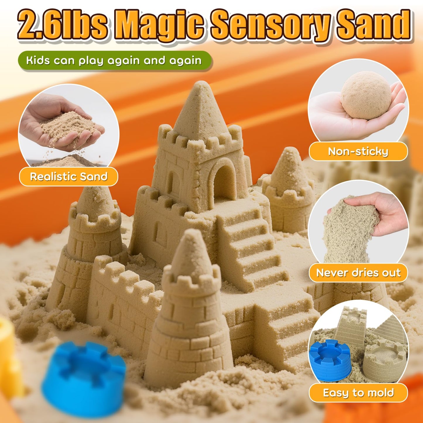 Lehoo Castle Sensory Table with Sensory Sand, Indoor Sensory Bin with Lid & 2.6lbs Play Sand, Construction Kit with 6 Alloy Trucks & Castle Molds, Sensory Toys for Toddler Boys and Girls