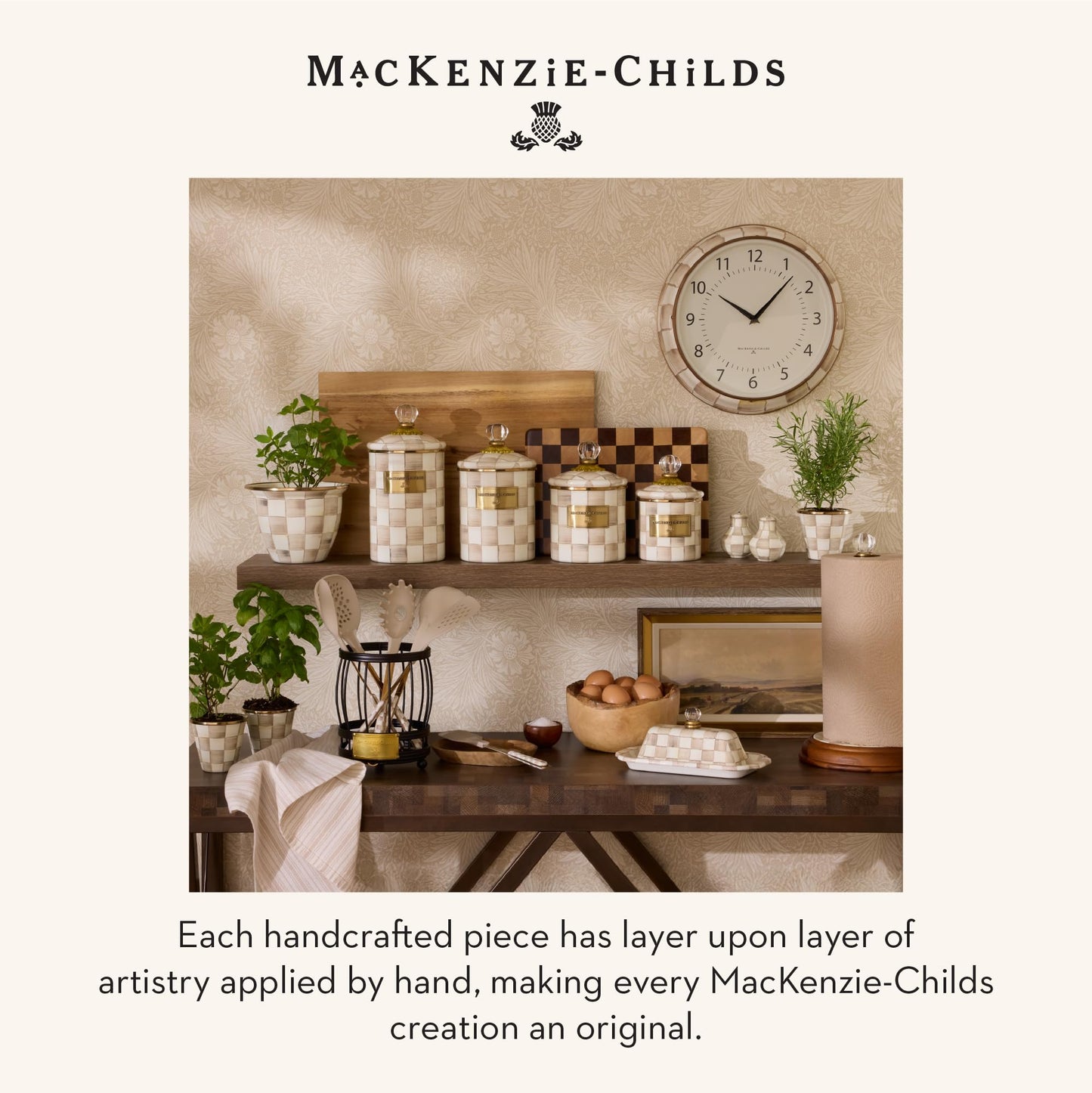 MACKENZIE-CHILDS Coffee French Press, Glass French-Press Coffee Maker, 32-Ounce Capacity, Brown-and-White Mocha Check