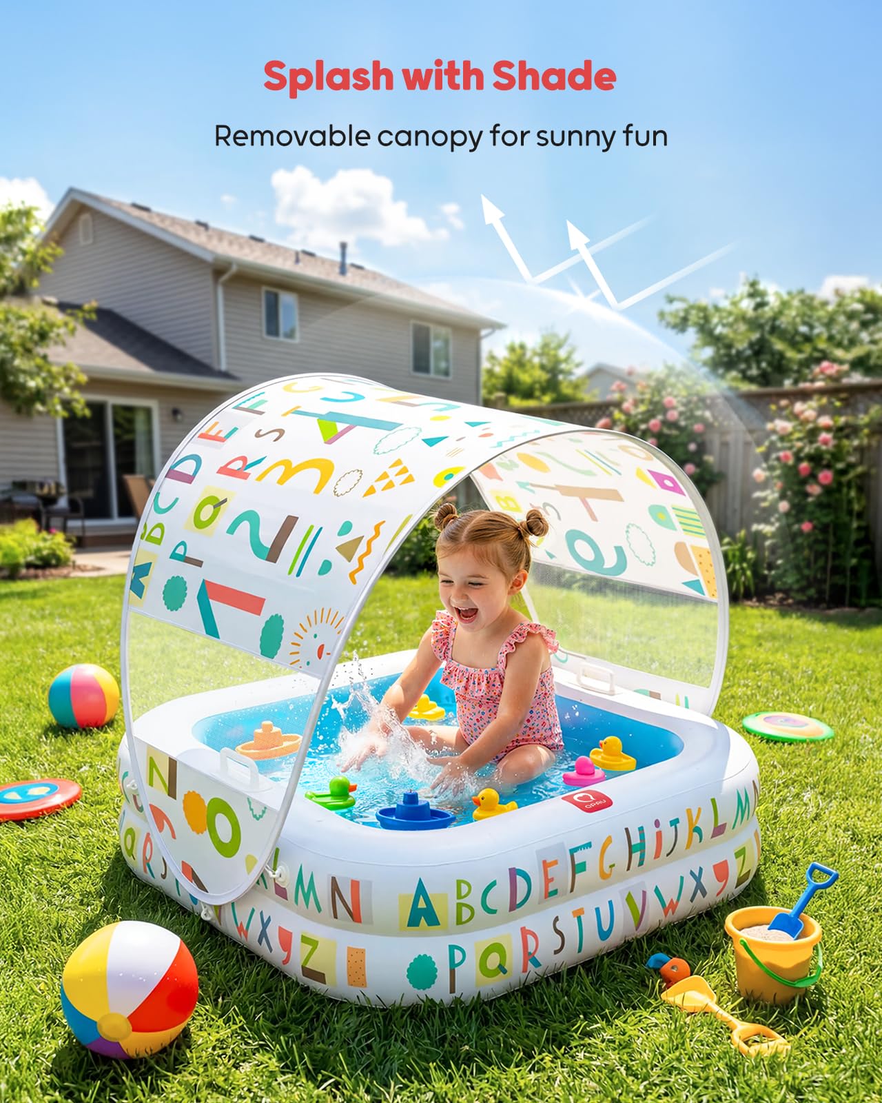 QPAU Baby Pool with Detachable Canopy for Sun Protection, 35" x 10" Portable Inflatable Kids Pool with Padded Bottom, Kiddie Pool & Ball Pit with Handles for Backyard and Indoor, Ages 1-3 (Blue)