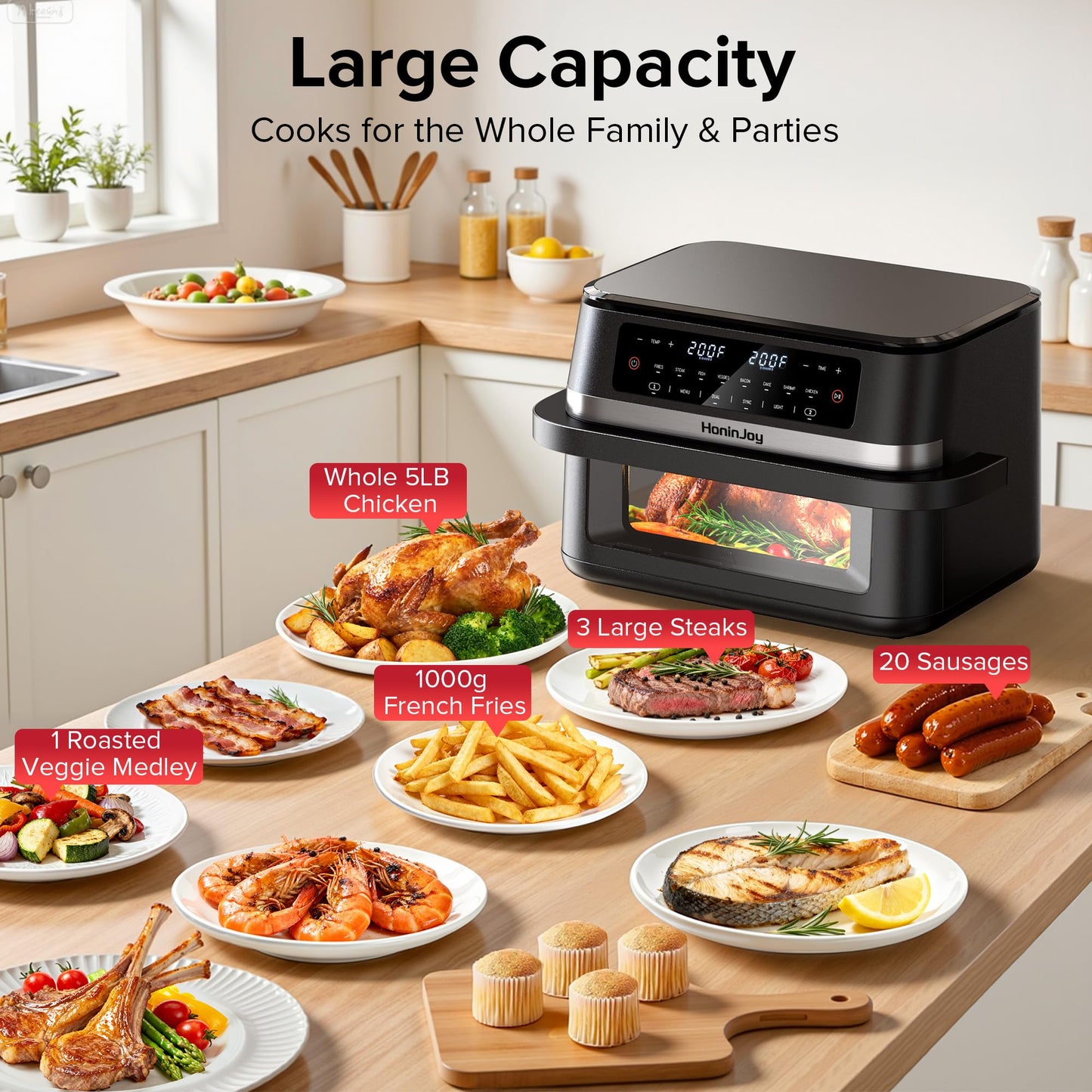 HoninJoy 12QT Large Dual Basket Air Fryer with Flex Basket, Viewing Window and 50PCS Paper Liners, 12-in-1 Family Size with Sync & Dual & Light, Double Zone for Bake, Roast, Reheat, Dishwasher Safe
