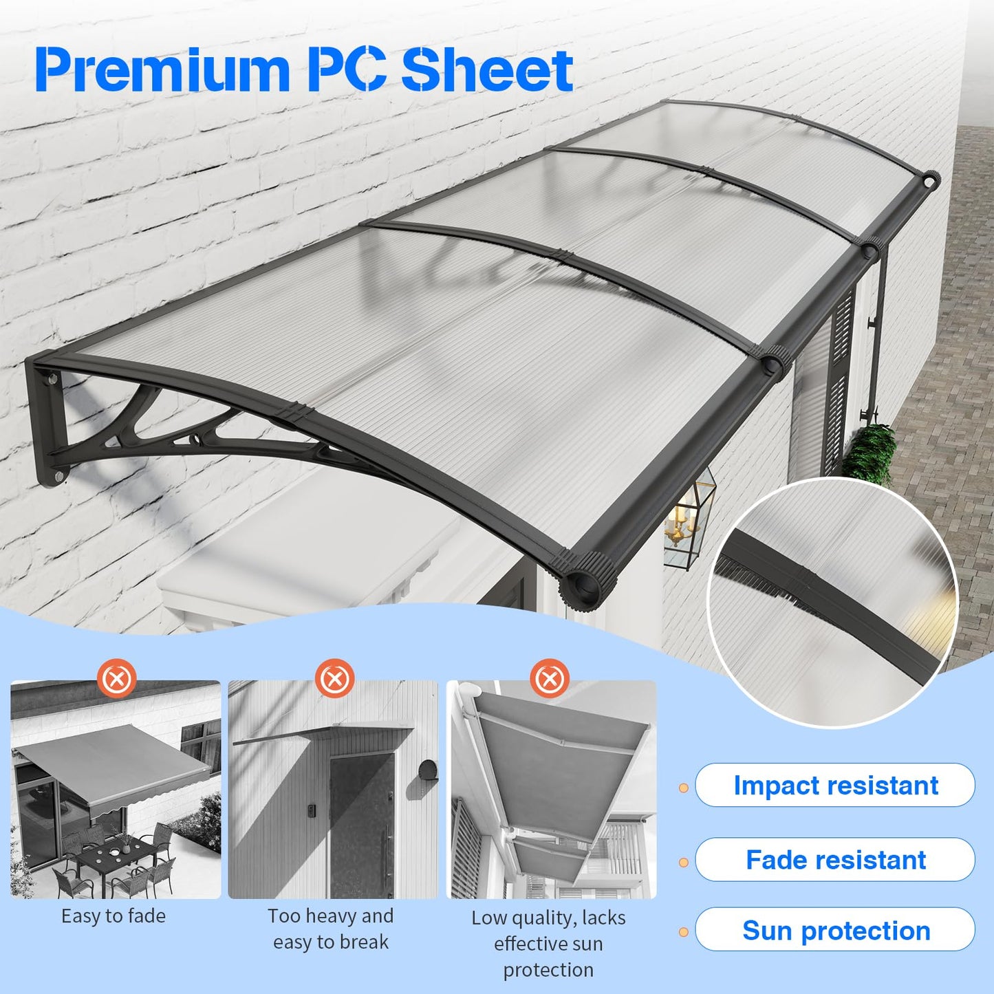 Awning for Door Entrance with Drainage Sink,40x80 Inch Awnings for Doors,Window Canopy Exterior with Plastic Steel Bracket,Polycarbonate Cover,UV,Rain,Snow Protection for House,Porch,Patio,Deck