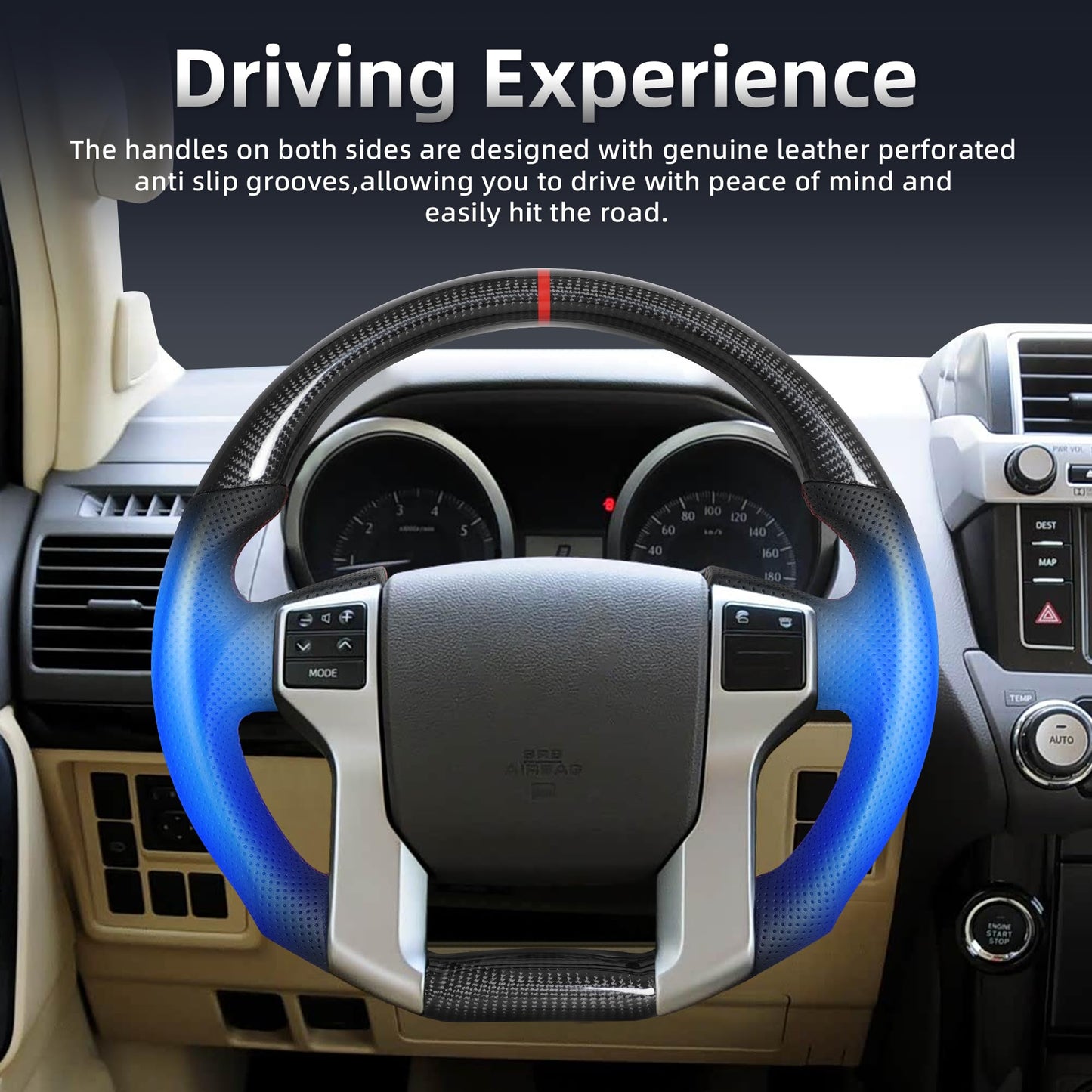 Real Carbon Fiber Steering Wheel for Toyota Prado LC150 2010-2017/Tundra 2014-2021/Tacoma 2012-2023/4Runner 2010-2024 Steering Wheel D-Shaped Flat Bottom Nappa Perforated Red Positioning Line