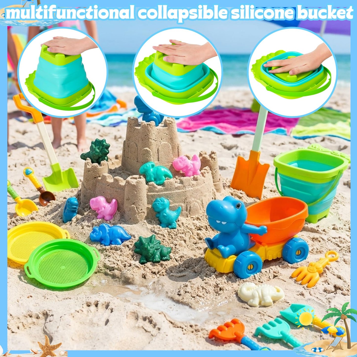 Guiqulai Beach Toys, Dinosaur Sand Toys Include Molds Foldable Bucket Mesh Storage Bag Shovels Dump Truck, Summer Sand Toys for Toddlers Kids
