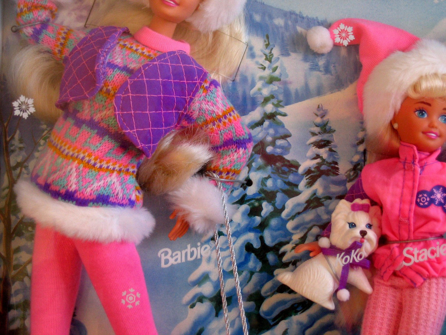 BARBIE WINTER HOLIDAY Set SLEDDING FUN w 4 DOLLS (Skipper, Kelly, Stacie & Barbie), Koko (Dog), SLED & More (1995)