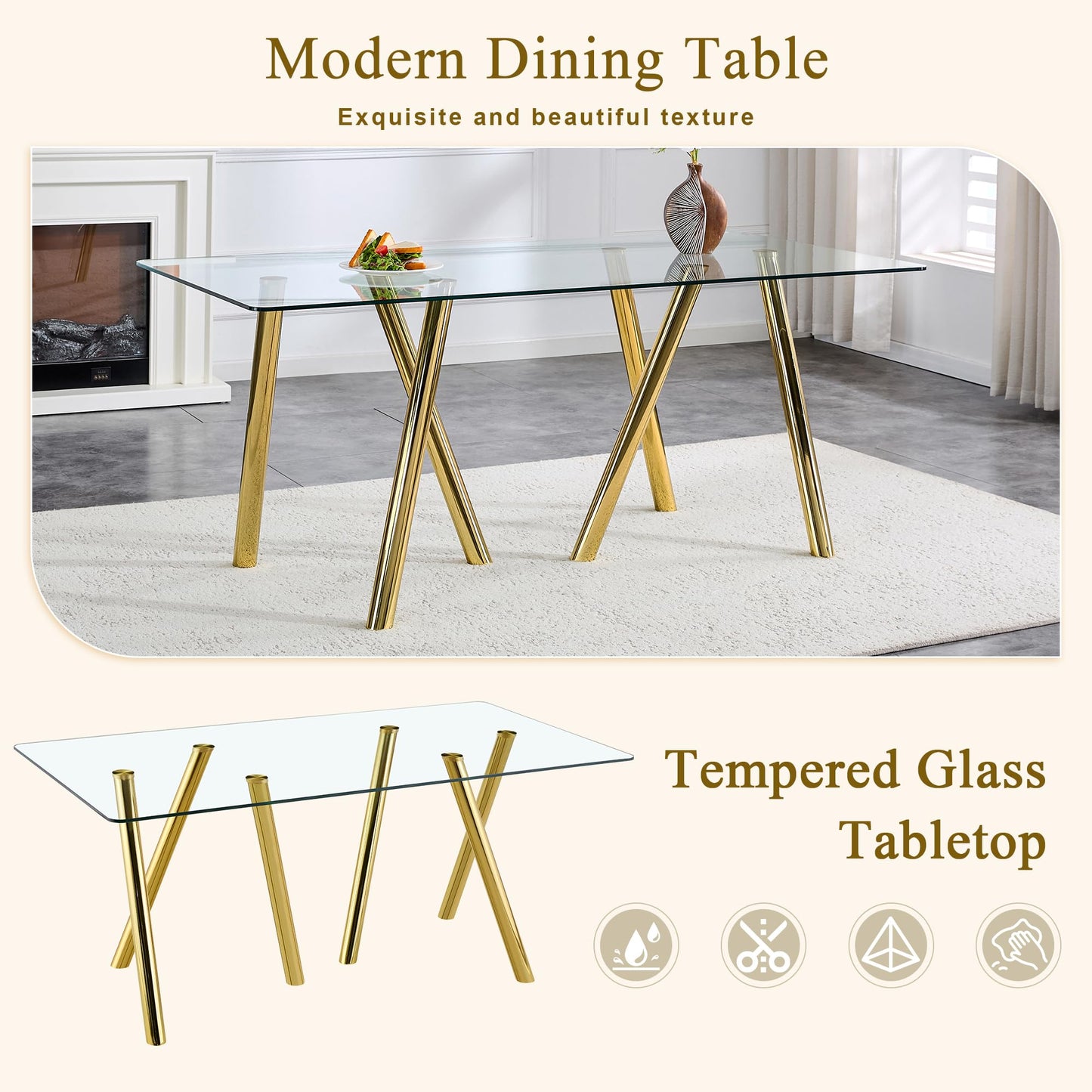 Vohward 71" Tempered Glass Dining Table Set for 6, 7 Piece Glass Dining Room Table Set with 6 Black Upholstered Chairs, Gold Metal Legs Modern Rectangular Kitchen Table and Chairs Set for Home