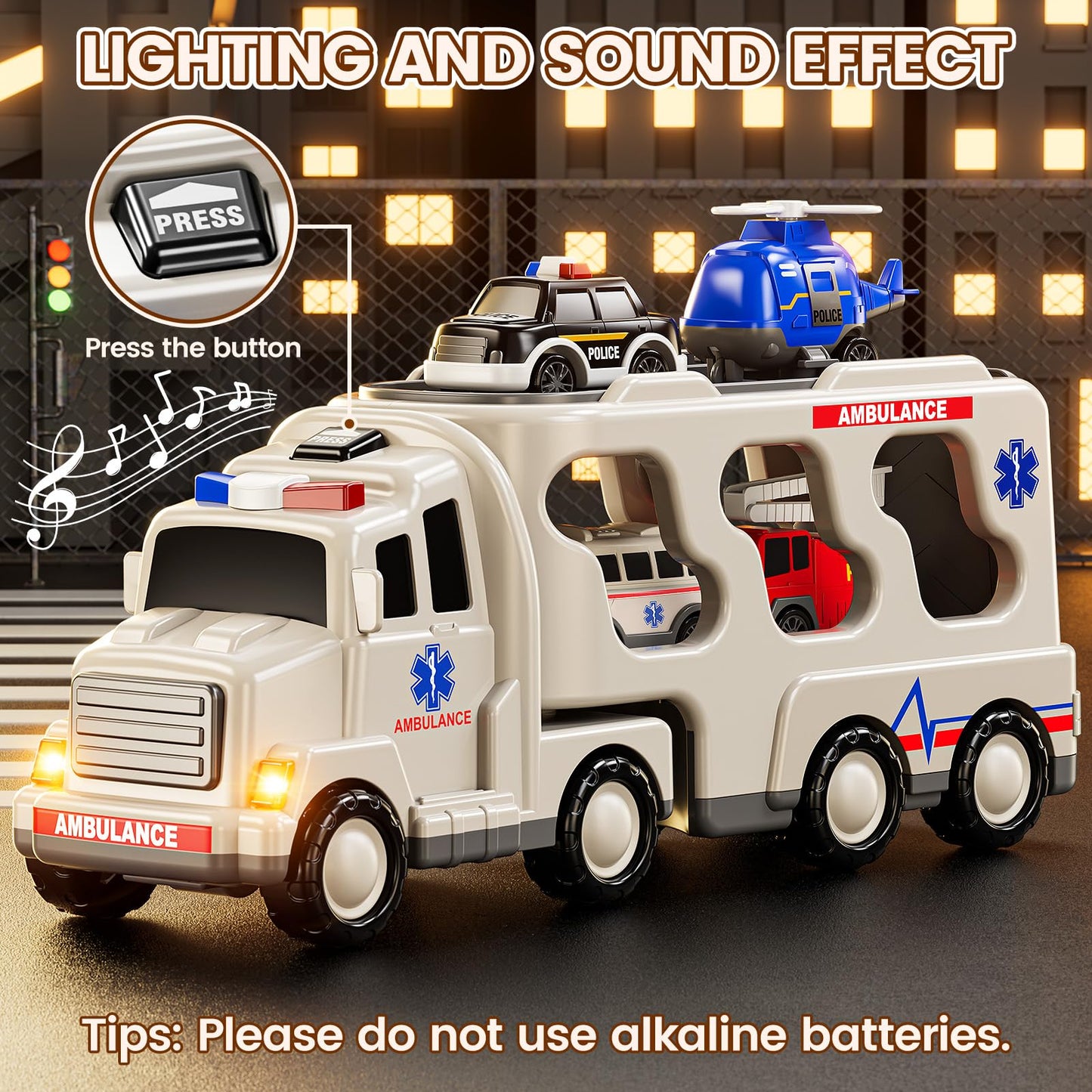 JUKUDAHU 5-in 1 Play Ambulance Toy Vehicle Toddler Truck Toys for 3 4 5 6 7 Year Old Boys - Friction Powered Cars with Light and Sound, Police Car, Fire Truck, Ambulance Car, Birthday Gifts for Kids
