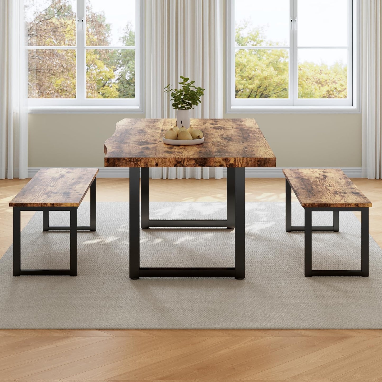 HIPIHOM 63" Dining Table with 2 Benches, Modern Kitchen Table and Chairs Set for 4 to 6 Persons, Thickened MDF Wooden Table for Dining Room, Kitchen