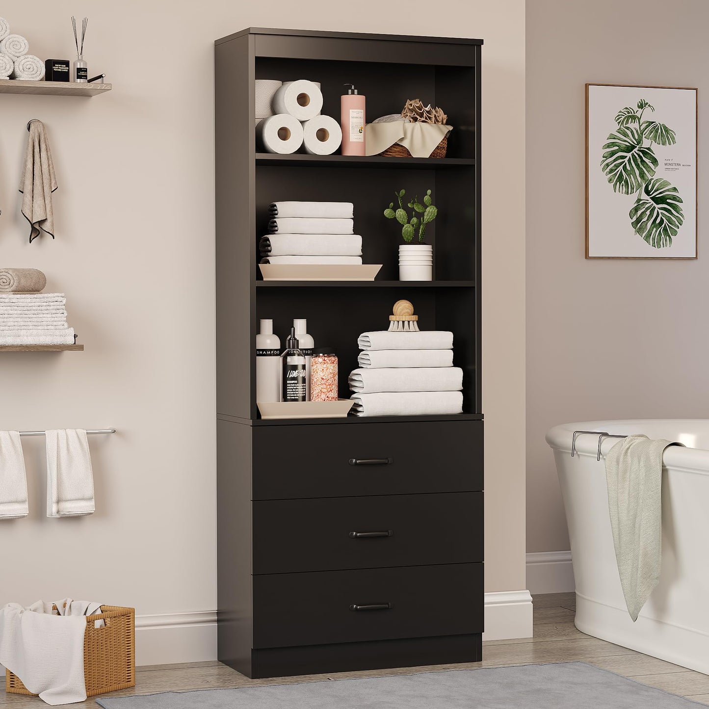 OneBlis 70" H Black Bookshelf with Drawers, Tall Bookcase with 3-Tier Open Shelves, Bookshelf and Bookcase with Storage Cabinet for Home Office,Living Room(Black,6-Tier)