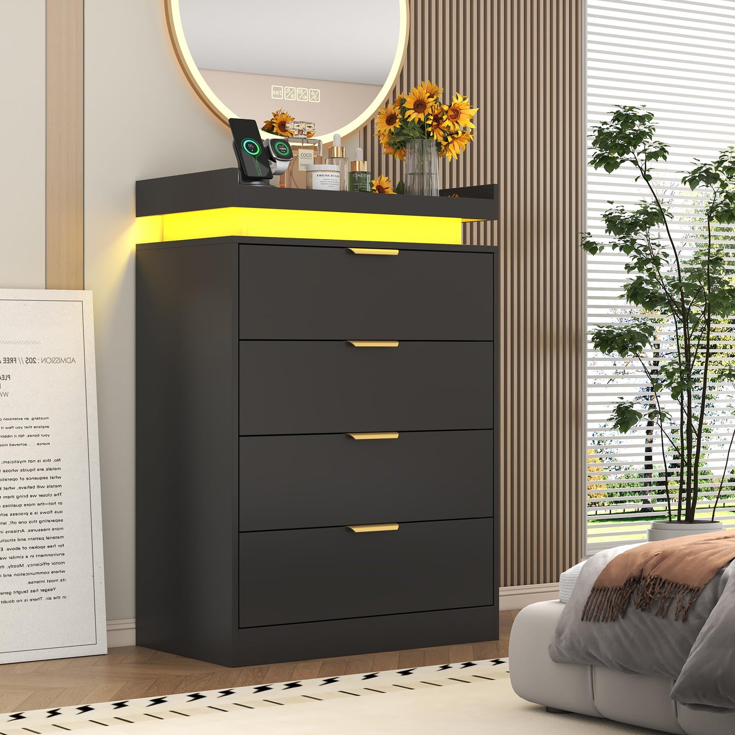 knoworld Black Dresser with LED Lights, Wooden LED Dresser, 4 Drawer Chest with Charging Station, Tall Chest of Drawer Closet Organizer for Bedroom, Living Room, Entryway, Hallway