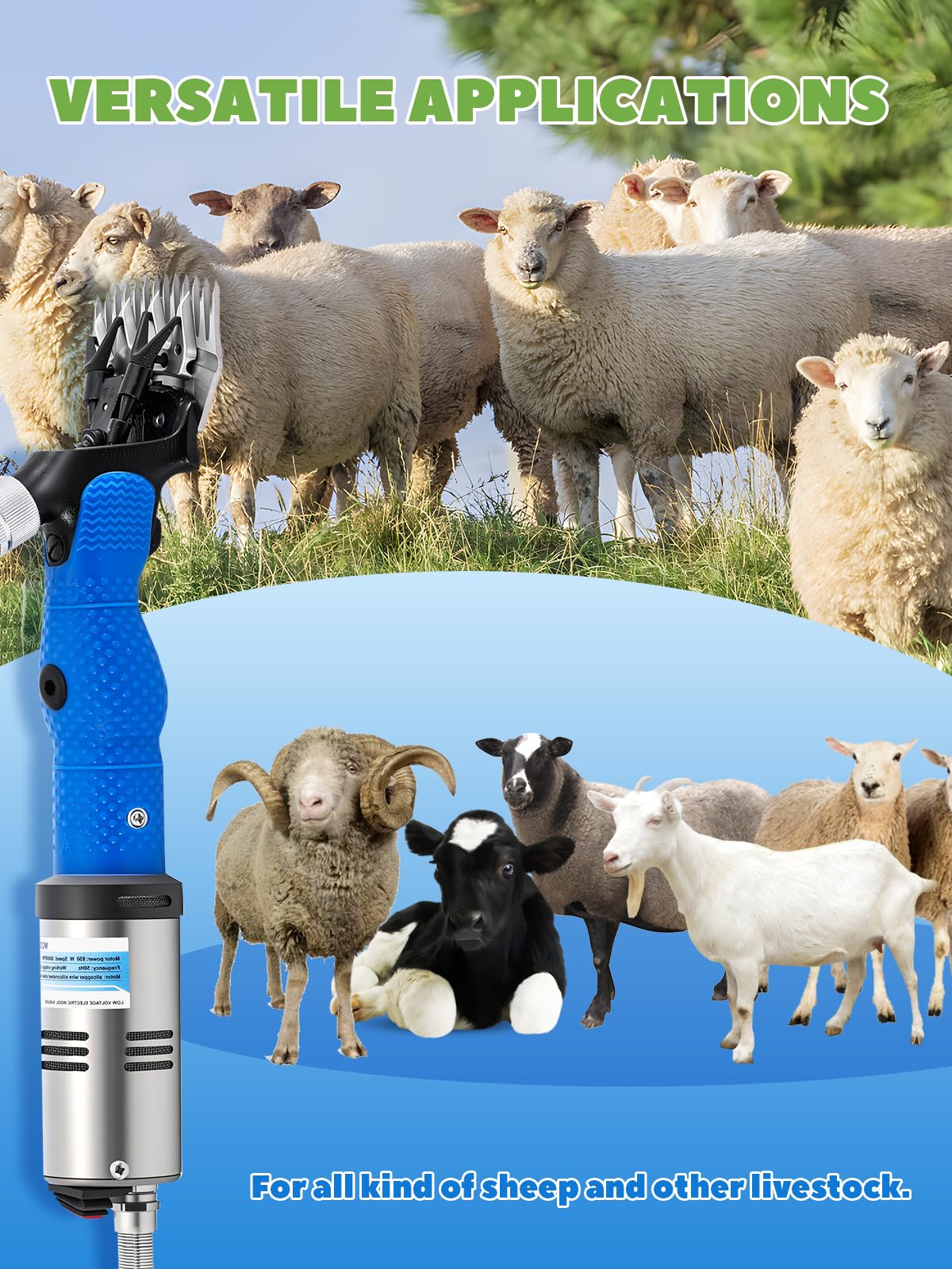 Luzrise Sheep Shears Electric 850W Sheep Clippers Professional Infinite Speed Adjustable 2400-3000RPM Low Noise Animal Grooming Clippers with 30V Output Transformer and Anti-Slip Rubber Grip (Blue)