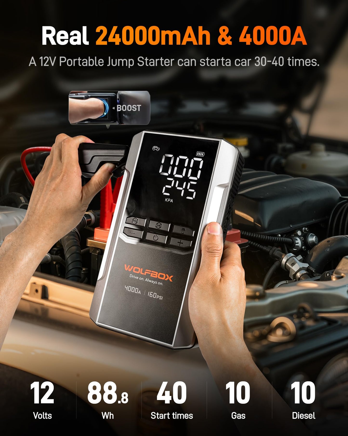 WOLFBOX 4000A Jump Starter with 160PSI Air Compressor & X3 Dash Cam
