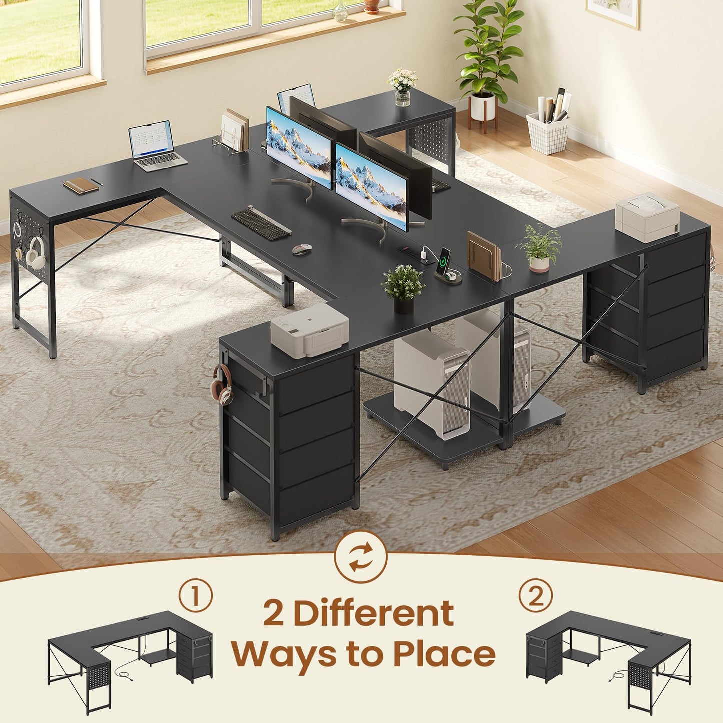 SEDETA 67" U Shaped Desk with 4 Fabric Drawers, Reversible Corner Computer Desk with Power Outlet & CPU Shelf, L Shaped Office Desk with Pegboard for Home Office, Black