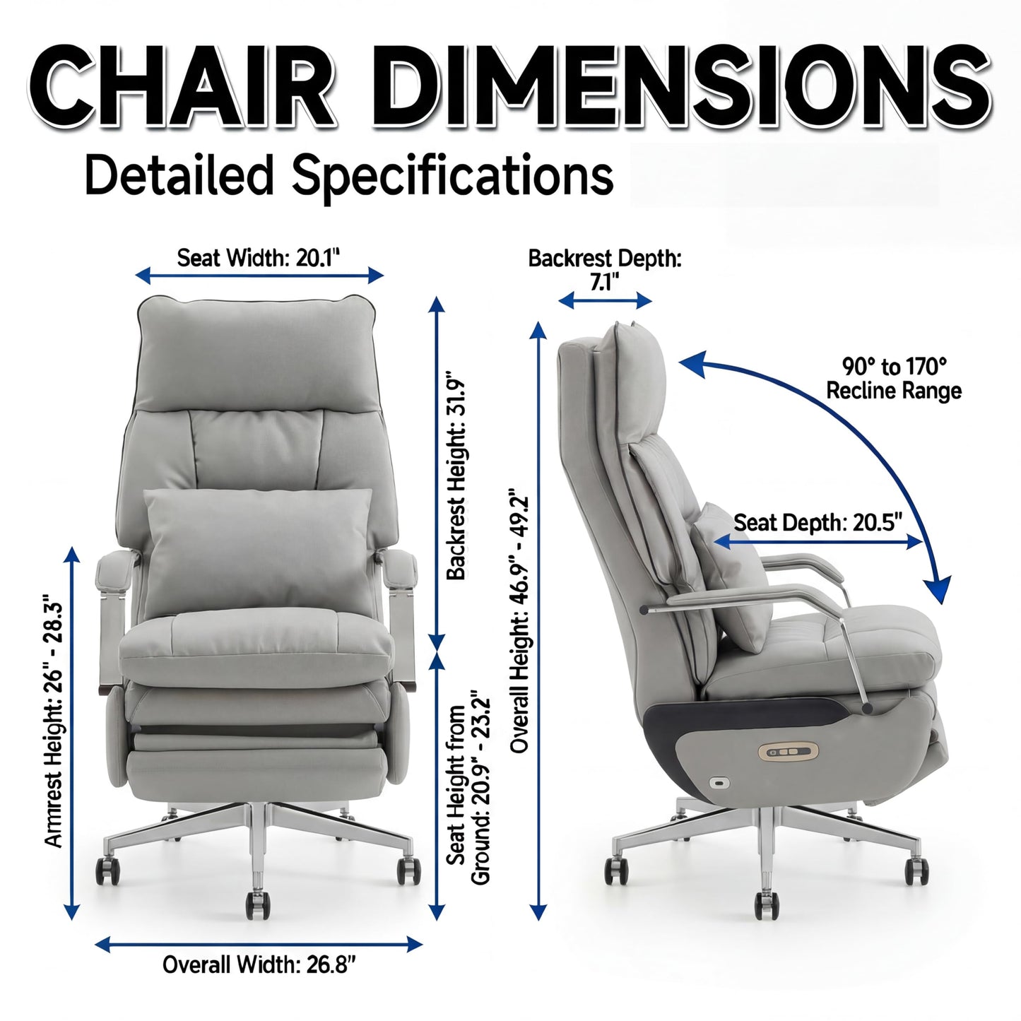 Dual Motor Executive Reclining Office Chair with Footrest – One-Click Electric Recline, Massage Lumbar Support & Pillow, Big and Tall PU Leather Ergonomic Desk Chair for Home Office/Gaming(Gray)