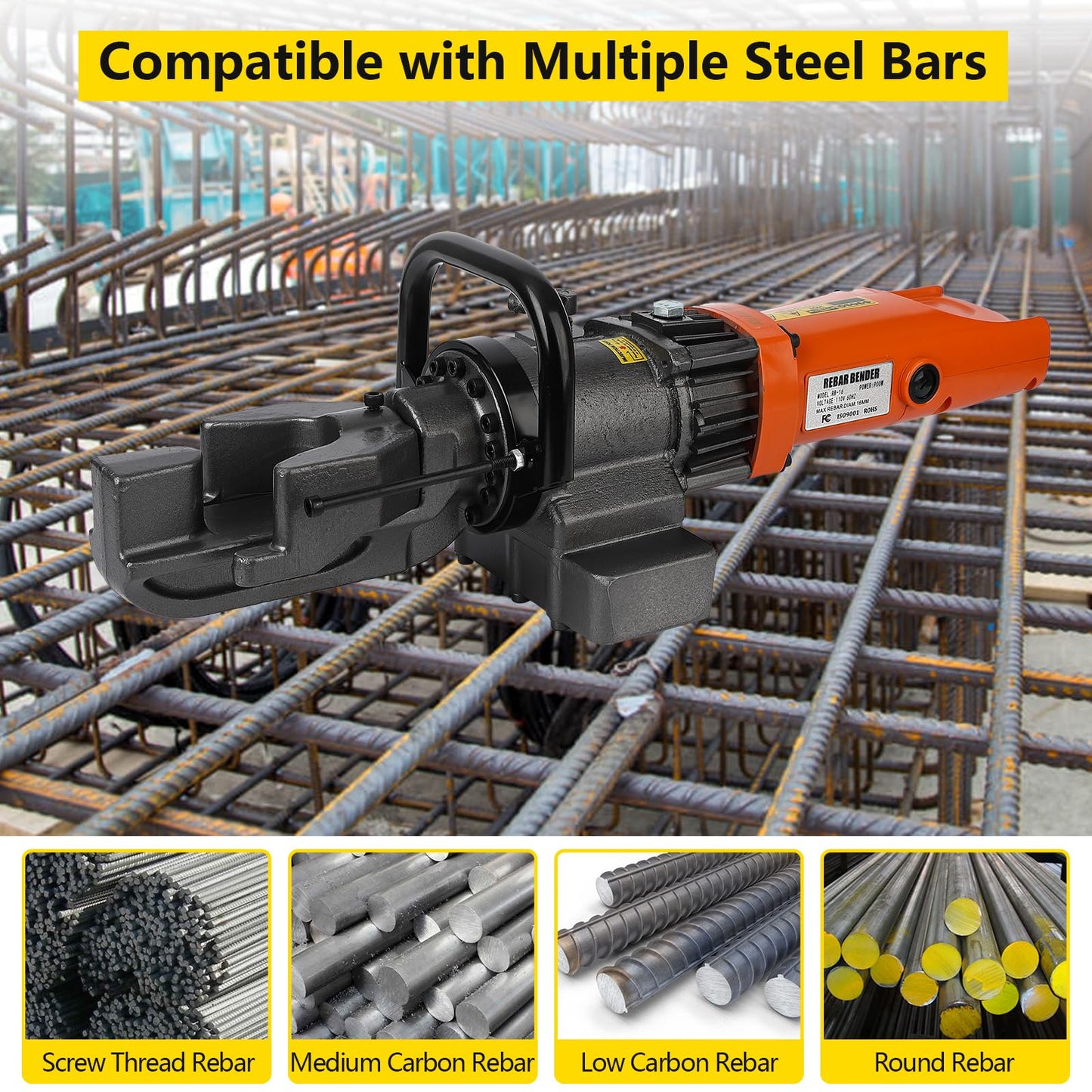 Electric Hydraulic Rebar Bender, 900W 110V, Bending up to 5/8 in #5 16 mm Rebar, Bending Angle 0-130 Degrees, Hand Held Bender Machine for Rod Steel Copper Bar (900W RB-16)