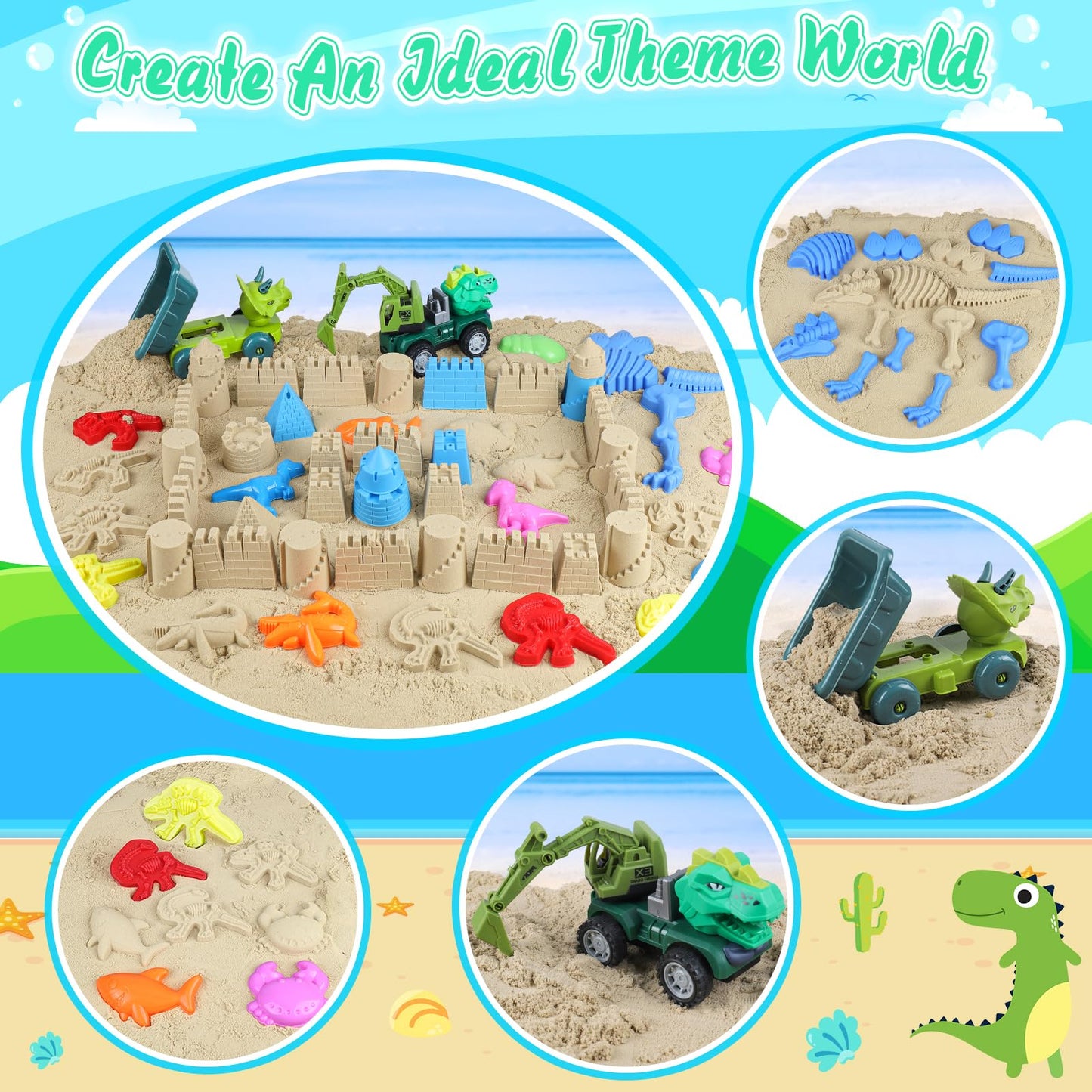 Beach Toys, 36Pcs Dinosaur Sand Toys for Kids Toddlers, Sandbox Toys with 2 Truck, Collapsible Beach Bucket, Mesh Bag, Sand Molds, Sand Castle Building Kit, Travel Beach Toy for Kids Toddlers Ages3-12
