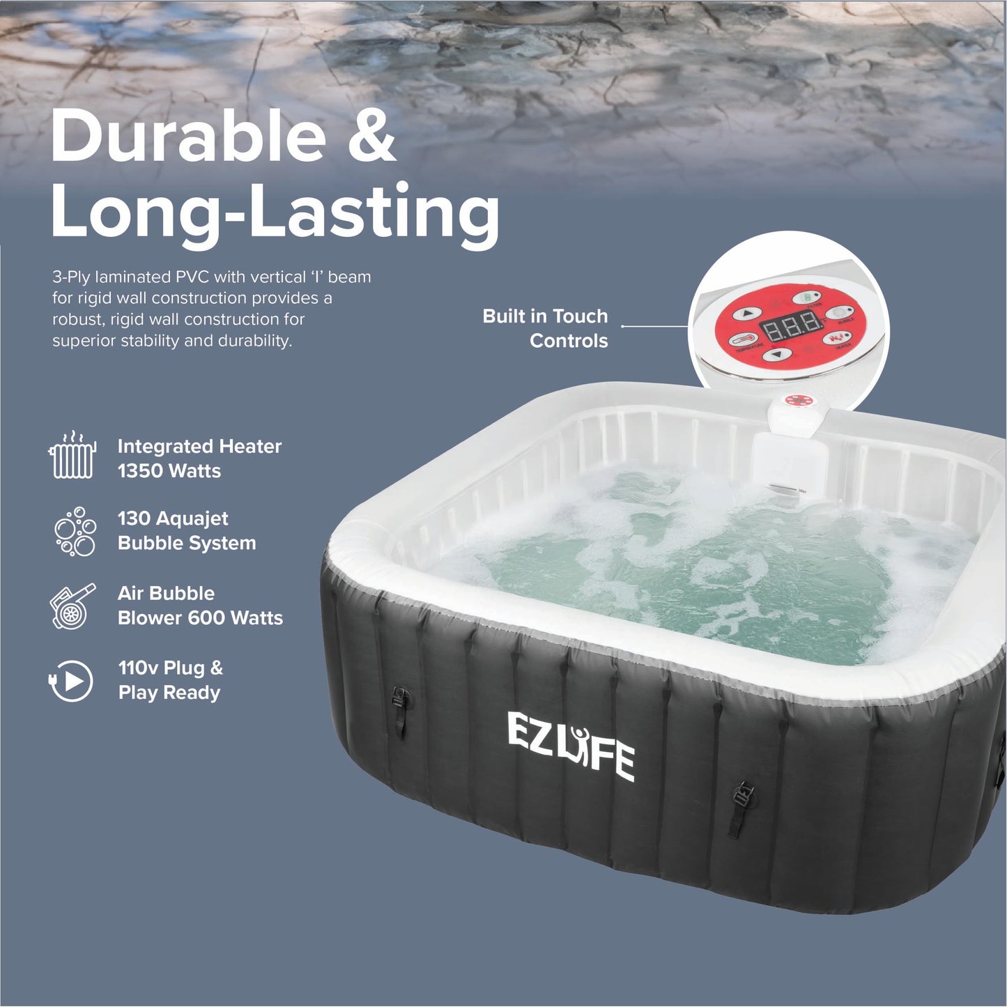 EZLIFE 6-Person Inflatable Square Hot Tub Spa with 130 Bubble Jets, LED Light Strip, 1350W Heater & Cover – Portable Outdoor Spa Pool for Adults (72"x72")