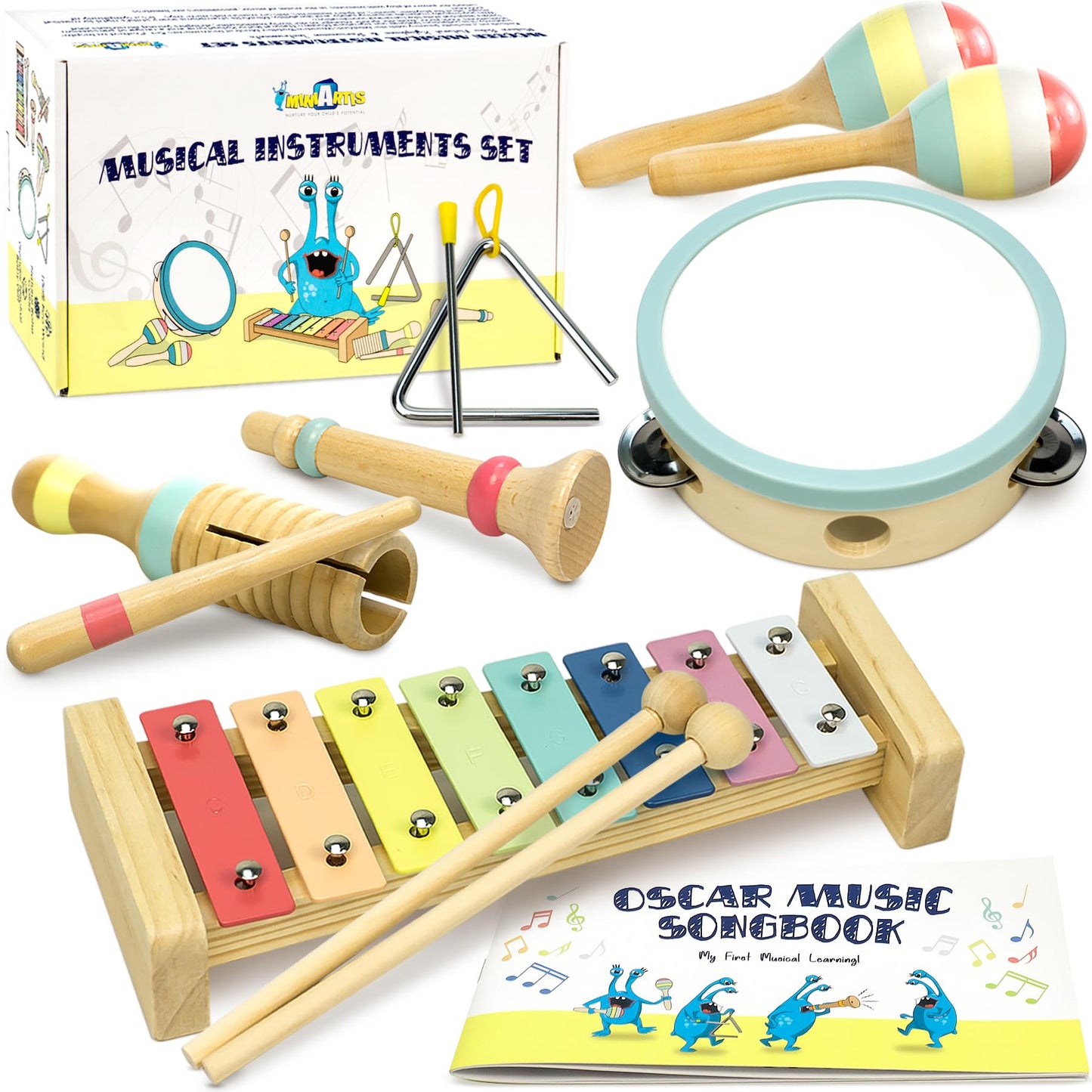 MINIARTIS Musical Instruments Set - Montessori Wooden Toys for Toddlers 1-3 | Modern Boho Baby Xylophone with Songbook | Neutral Colors Percussion Instruments | Kids Preschool Educational