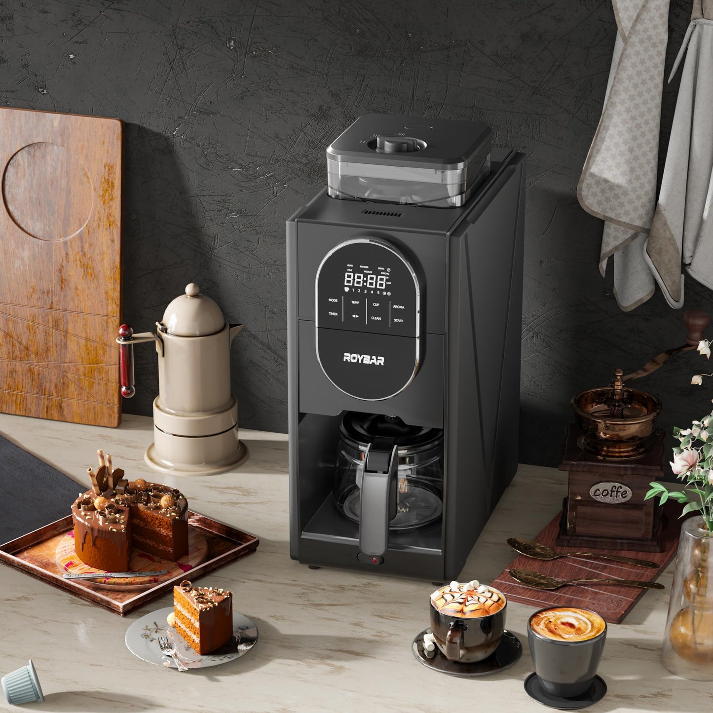 Coffee Maker with Grinder, Programmable Hot and Cold Coffee Maker with 22 oz Glass Carafe, Adjustable Fully Automatic grind and brew Coffee Machine with Timer, Black Americano Iced Coffee Machine