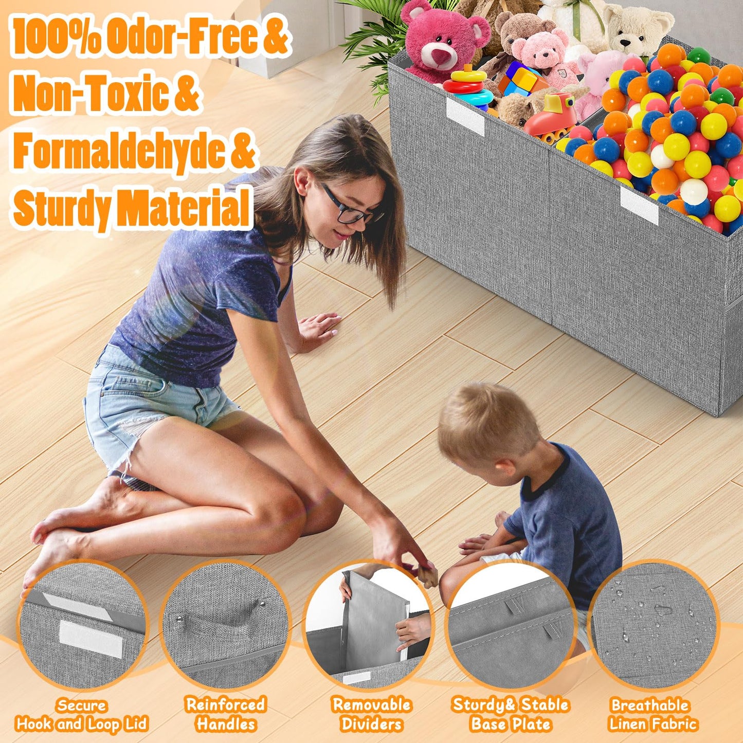 Rocamdo Large Toy Storage Box with Lid Divider, Sturdy Collapsible Toys Organizer Chest Kids Storage Bins Boxes Baskets for Boys, Girls, Nursery, Bedroom, Living Room, Playroom, 25"x13"x16", Gray