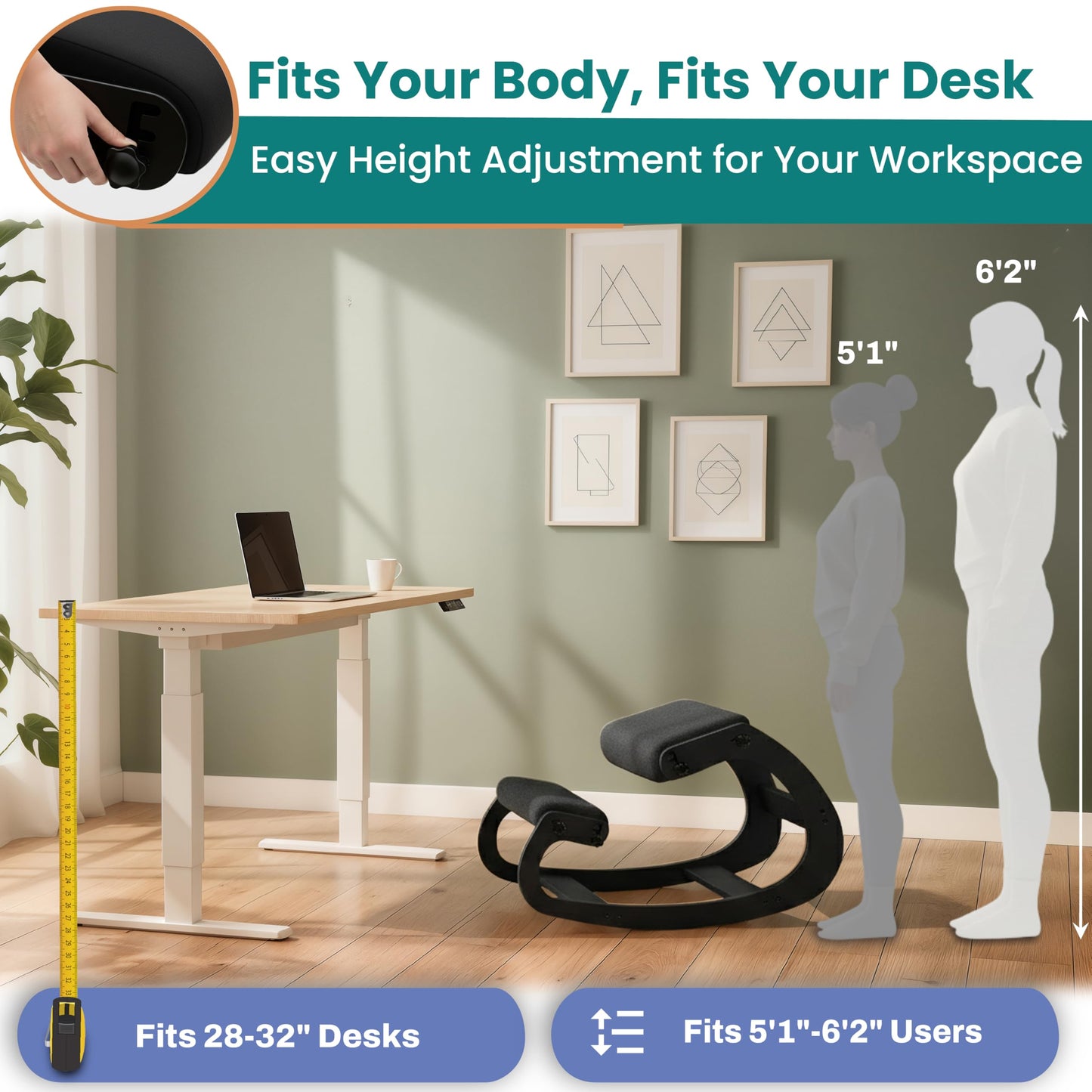NYPOT Ergonomic Kneeling Chair with Adjustable Seats - Knee Chair for Posture Correction & Kneel Rocking Stool for Desk - Back Pain Relief for Home and Office, Supports 250 pounds - 5 Years Warranty