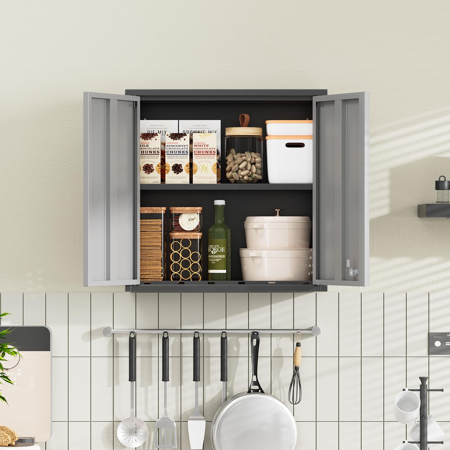 Garage Wall Cabinet, Metal Garage Cabinets with 2 Doors and Adjustable Shelf, Lockable Floating Tool Cabinet with Pegboard, Black Steel Wall Mounted Tool Cabinets for Kitchen,Office,Laundry,Warehouse