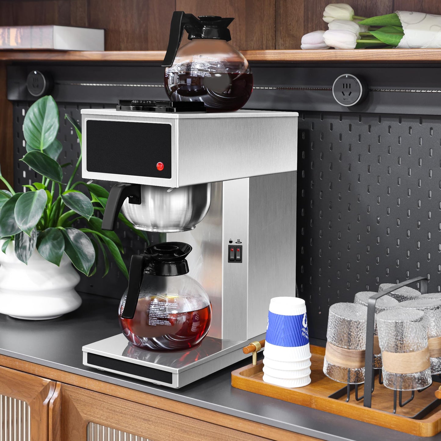 YUANHAO Commercial Coffee Maker 12-Cup with Dual Warmers, Pourover Stainless Steel Coffee Brewer Machine-120V, Compact Drip Coffee Maker for Office, Church, Break Room, Event Use