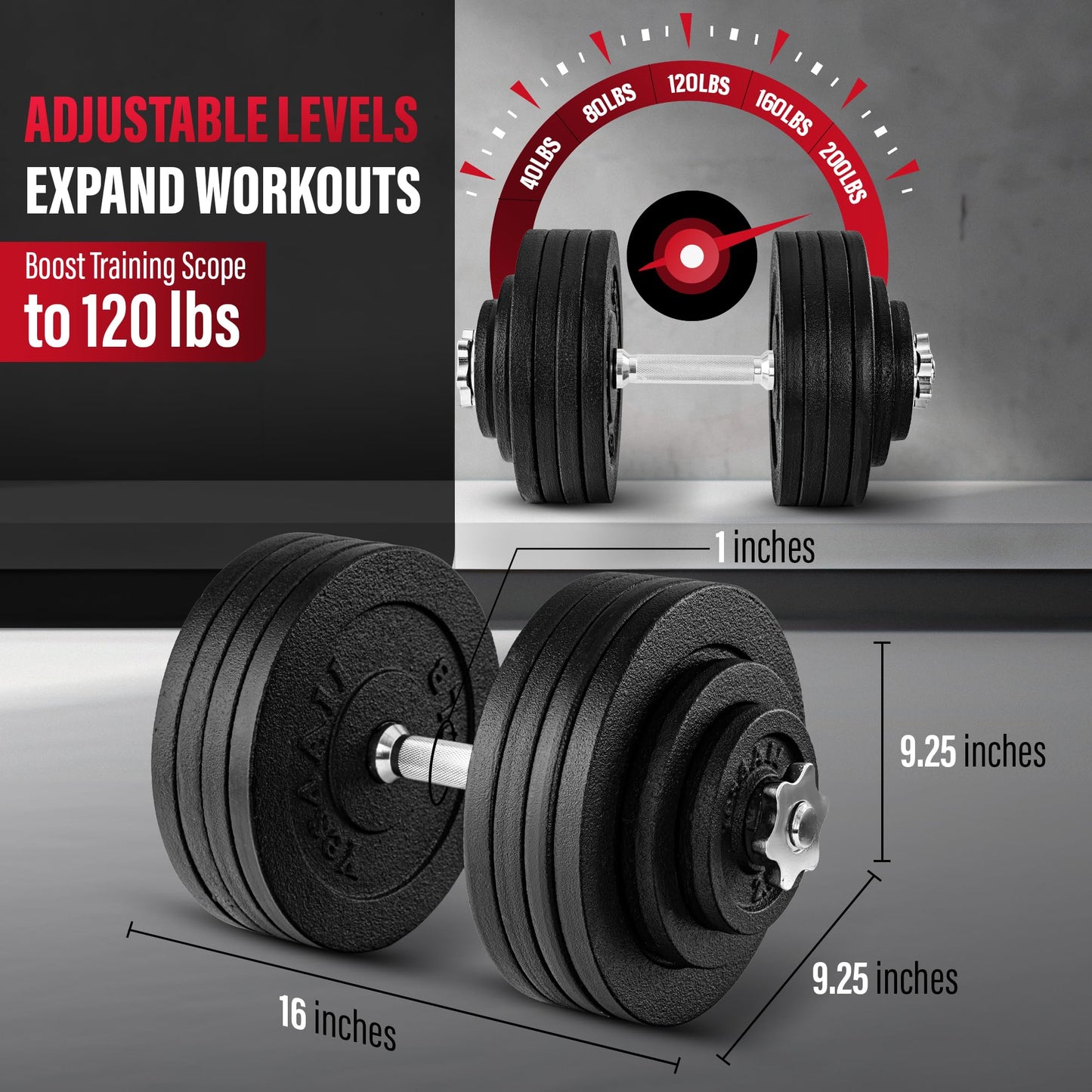 Yes4All 200 LB Adjustable Dumbbell Set, Cast Iron Weights for Home Gym with Bars, Plates, Collars, Hand Weights Dumbbells Set