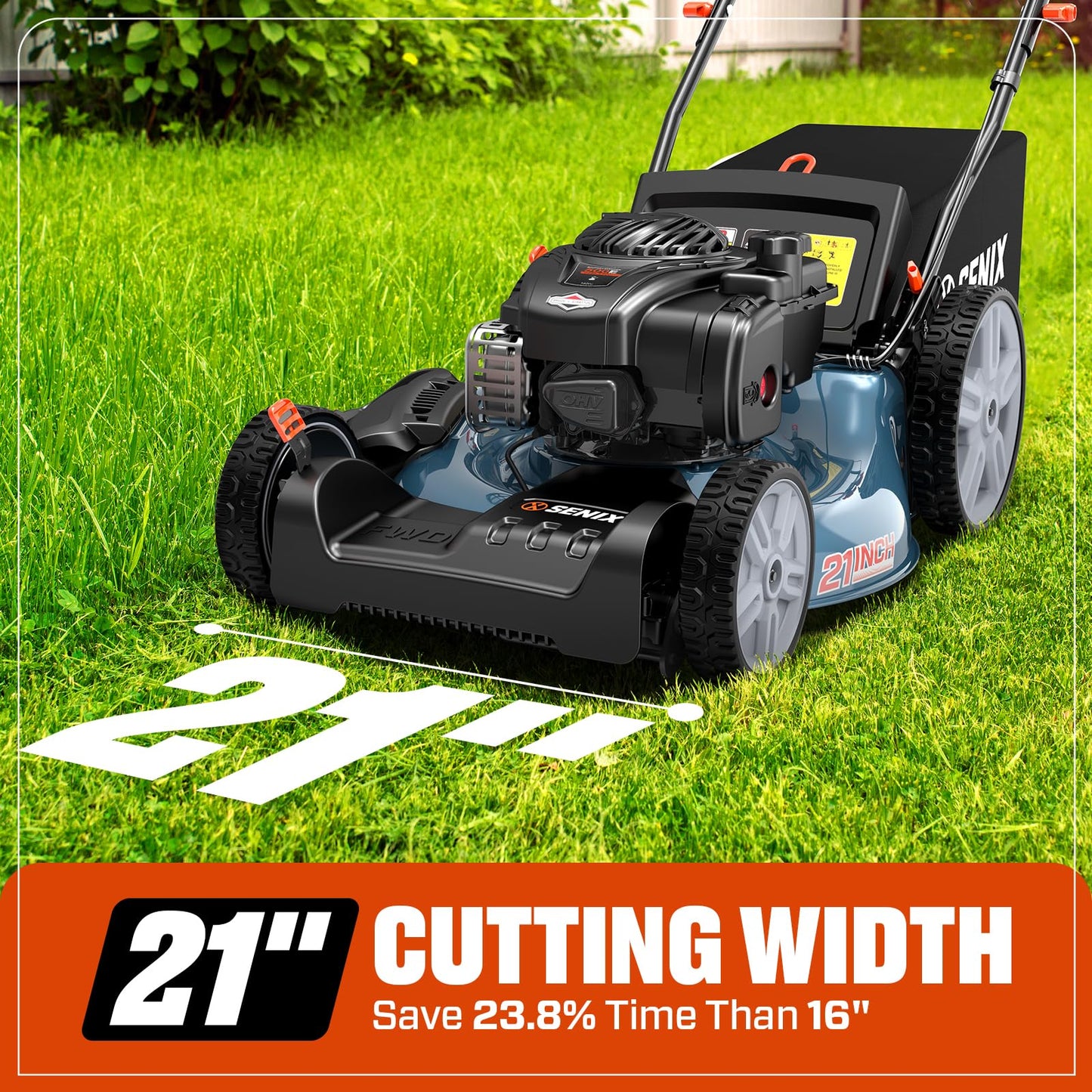 SENIX LSSG-M9 21-inch Gas Self-Propelled Lawn Mower - 140 cc 4-Cycle Briggs & Stratton Engine, Bagging, Mulching, and Side Discharge, 6-Position Lever Height Adjustment