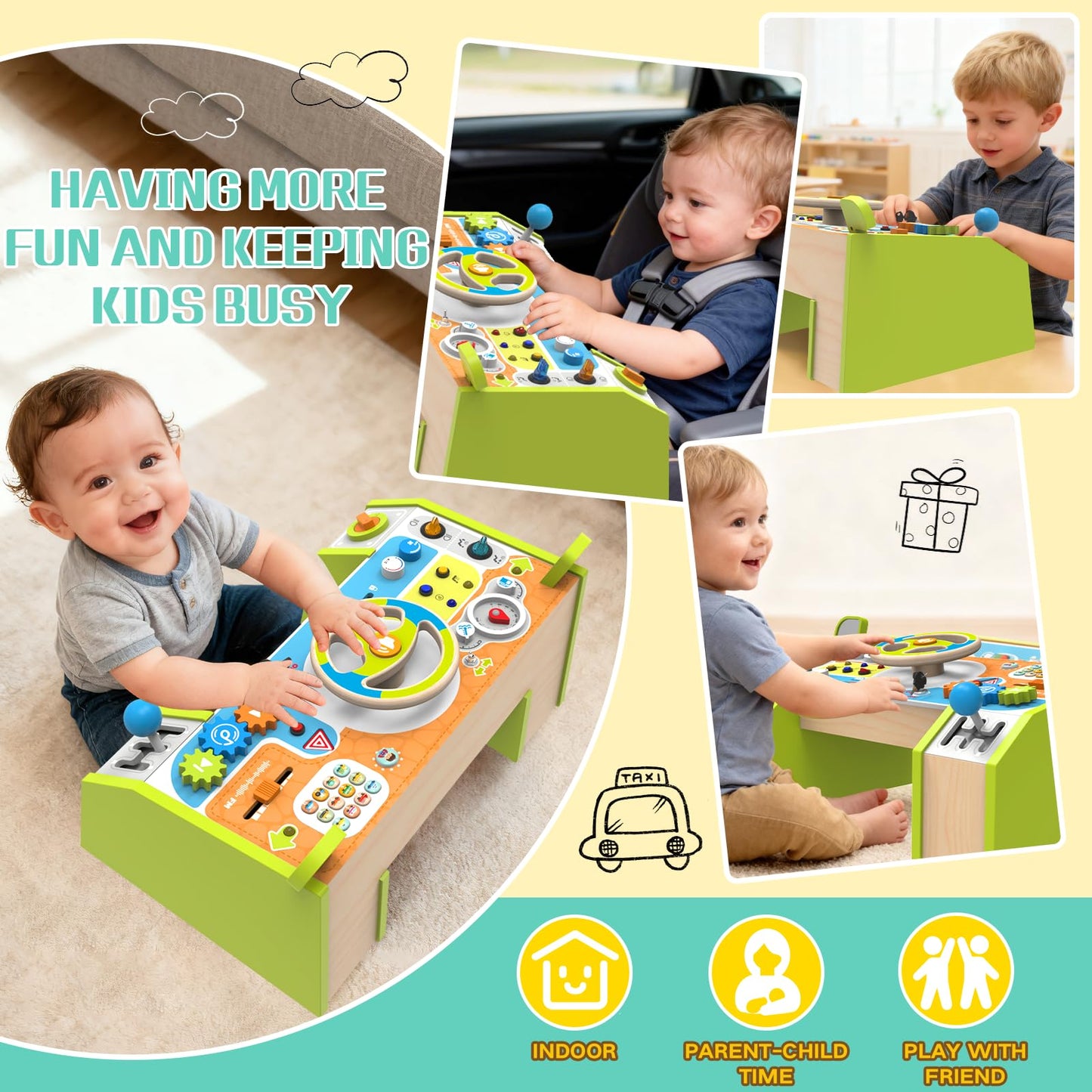 Yuyctwg Montessori Busy Board Car Steering Wheel Toy for Toddlers 1-3, Wooden Sensory Activity Board with Light Sound, Educational Toys for Fine Motor Skills, Birthday Gift for Boys Girls