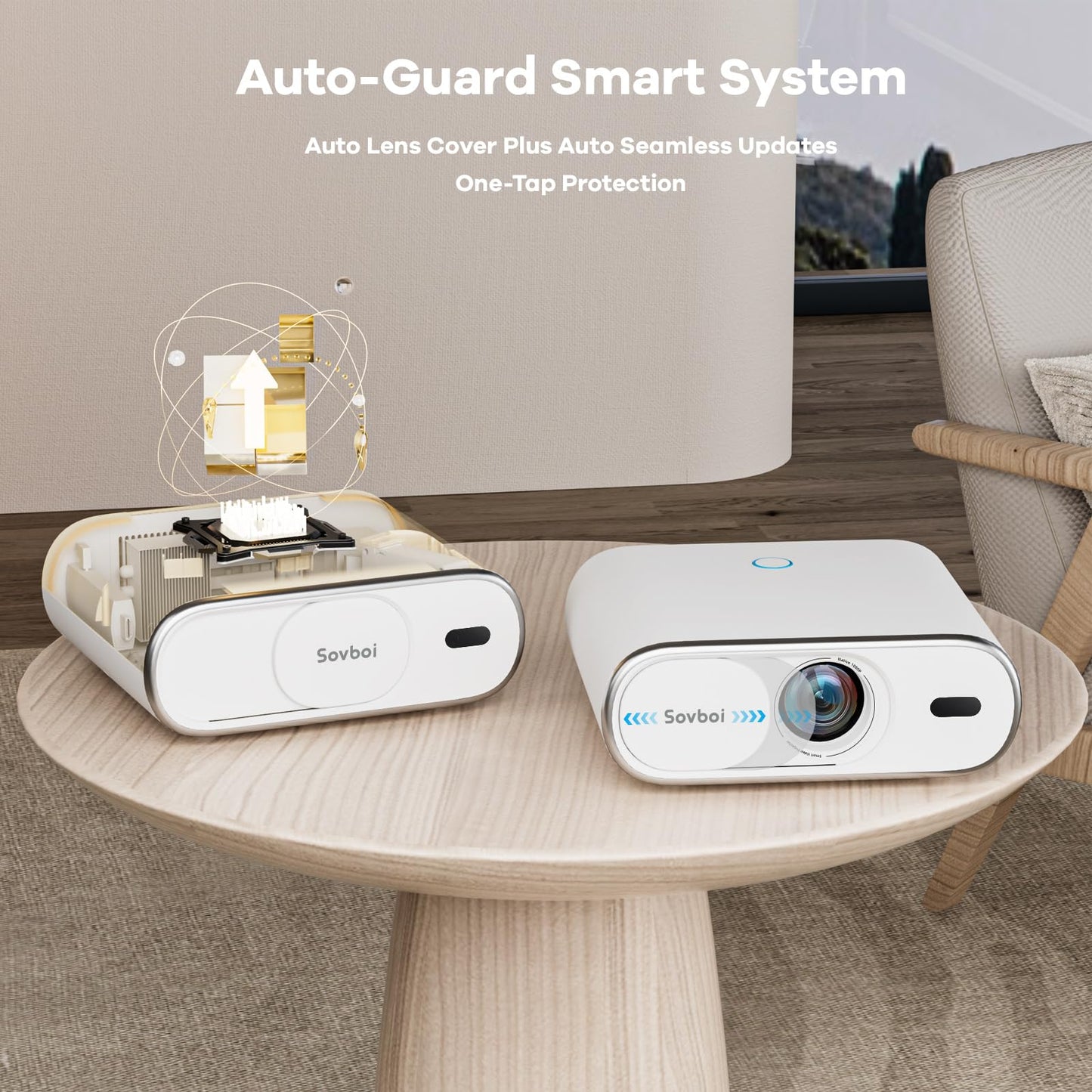 4K Projector Built-in Google TV: 2500 ANSI/Auto Lens Cap & 4D Keystone/Auto Focus & AI Voice Control, Sovboi Smart Portable Projector with WiFi6 & Bluetooth, Outdoor Movie Proyector for Streaming Apps