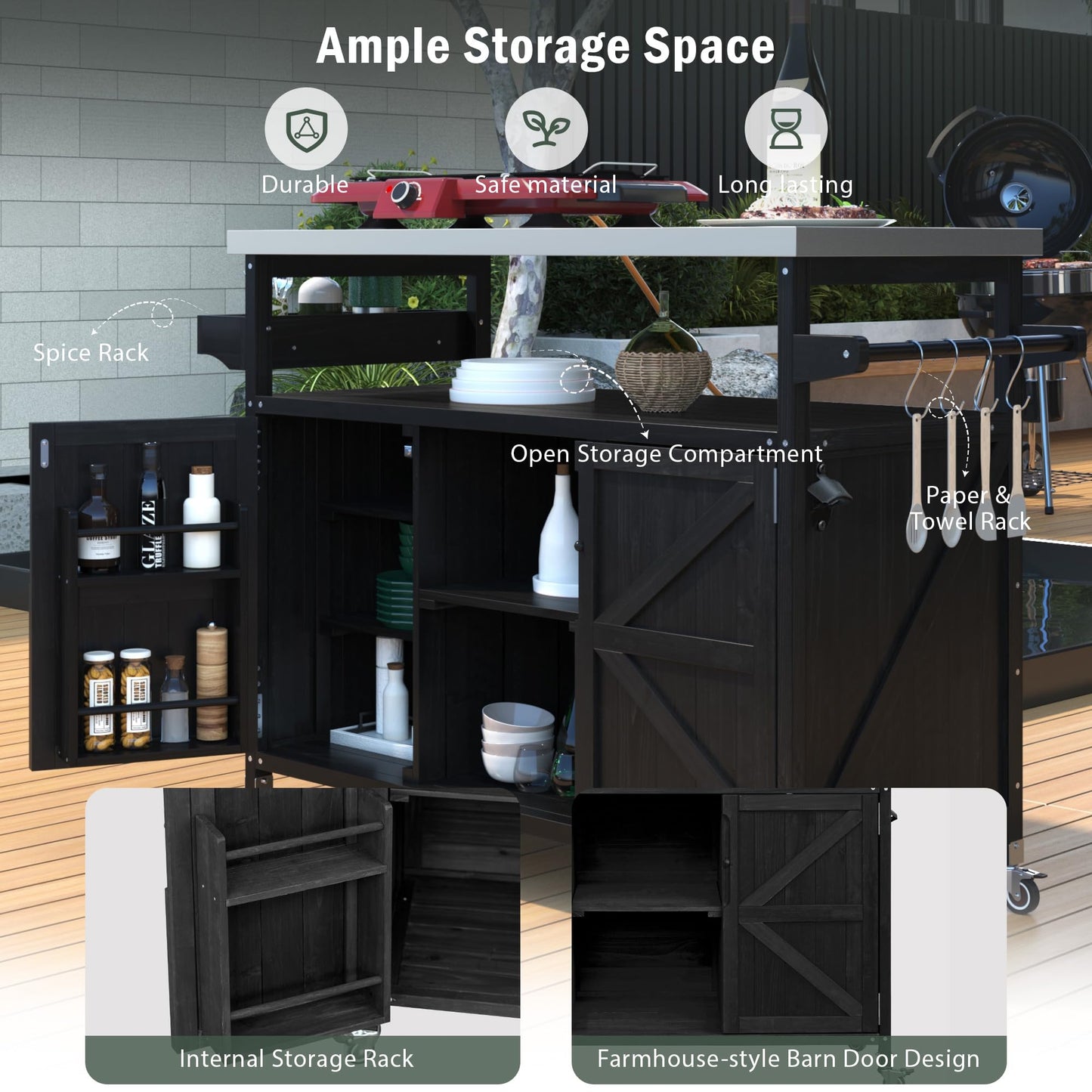 Outdoor Grill Cart with Storage, Farmhouse Outdoor Storage Cabinet with Stainless Steel Top, Wood Bar Patio Kitchen Island with Spice Rack, Towel Holder, Hooks & Locking Wheels for Patio BBQ(Black)