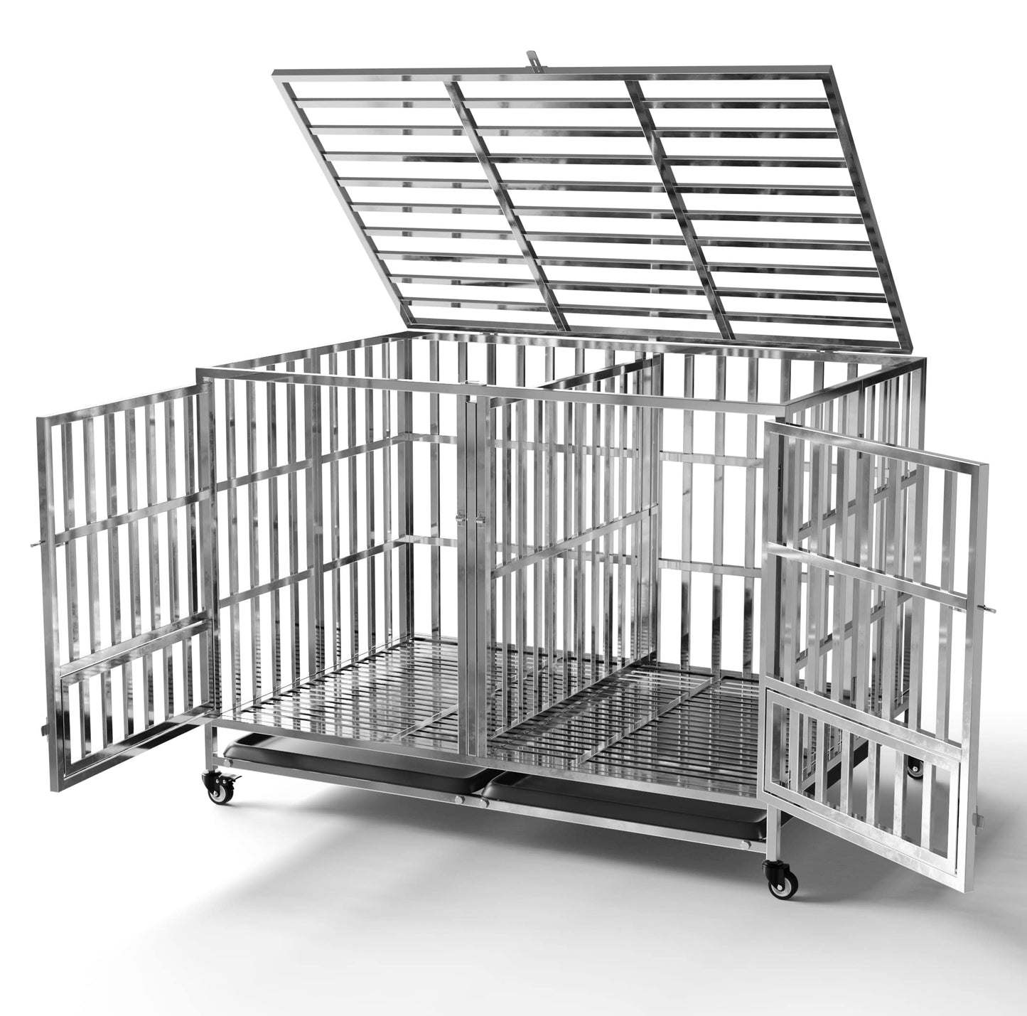 FoQualy Collapsible Stainless Steel Dog Crate, 30" 37" 42" 48" Sizes, Lockable Wheel, with Tray, Stackable, Heavy Duty, Divider, Indoor and Outdoor (48insm)