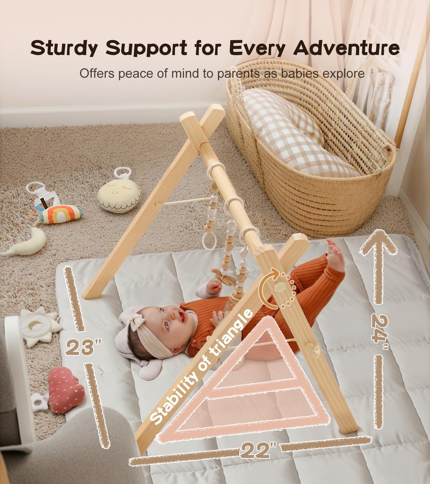 little dove Baby Gym with Mat, Wooden Play Gym with 9 Sensory Toys, Foldable Baby Play GymFrame Activity Center, Natural Pine Wood, Montessori Toys, Easy to Assemble & Clean, Natural Color