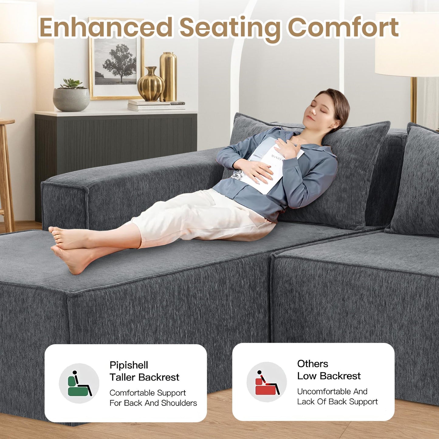 VIKAYAMICS 140" Modular Sectional Sofa, U-Shaped Cloud Couch with Extra Long Chaise Lounge, Oversized Chenille Boneless Sofa Set for Living Room, Comfy Floor Seating, No Assembly Required