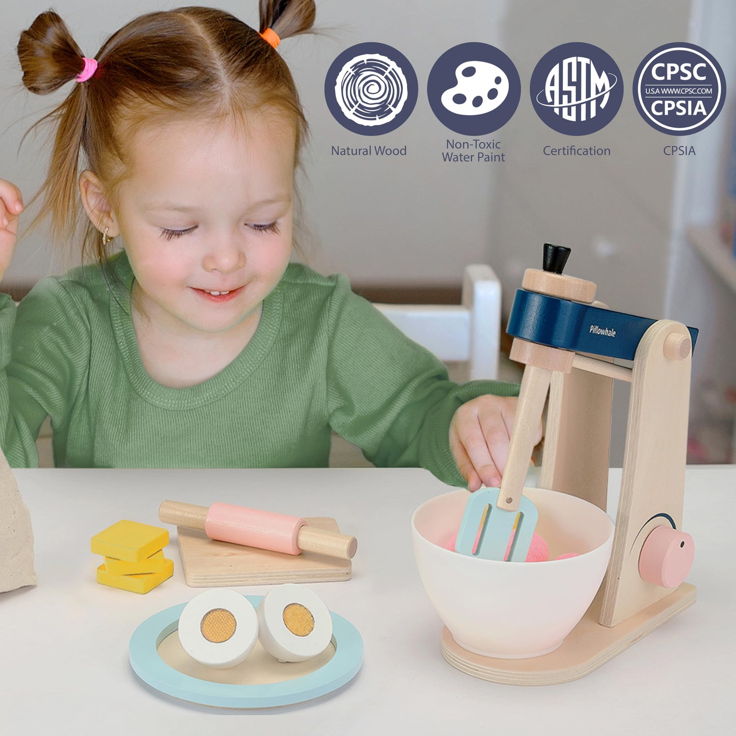 Pillowhale Wooden Kitchen Toys Mixer for Toddlers Age 3+ - 21pcs Montessori Pretend Play Baking Set with Bowl & Rolling Pin, Toy Kitchen Accessories Gift for Girls Boys
