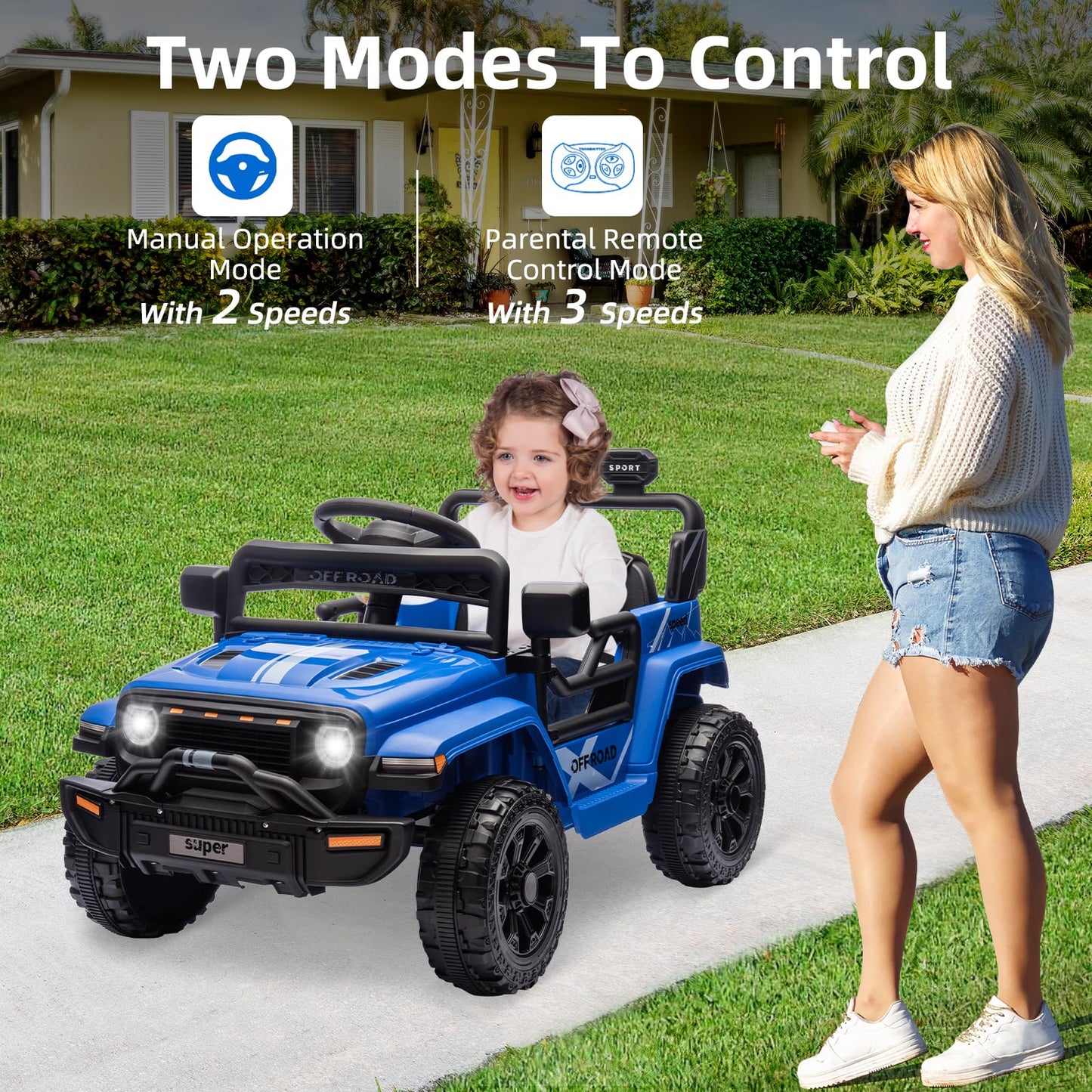 Ride On Truck Car, 12V Ride On Toy w/Parent Remote Control, Steering Wheel Music, 4-Wheel Spring Suspension, Led Lights, 2 Speeds, Kids Electric Vehicles for Age 3-5, Blue