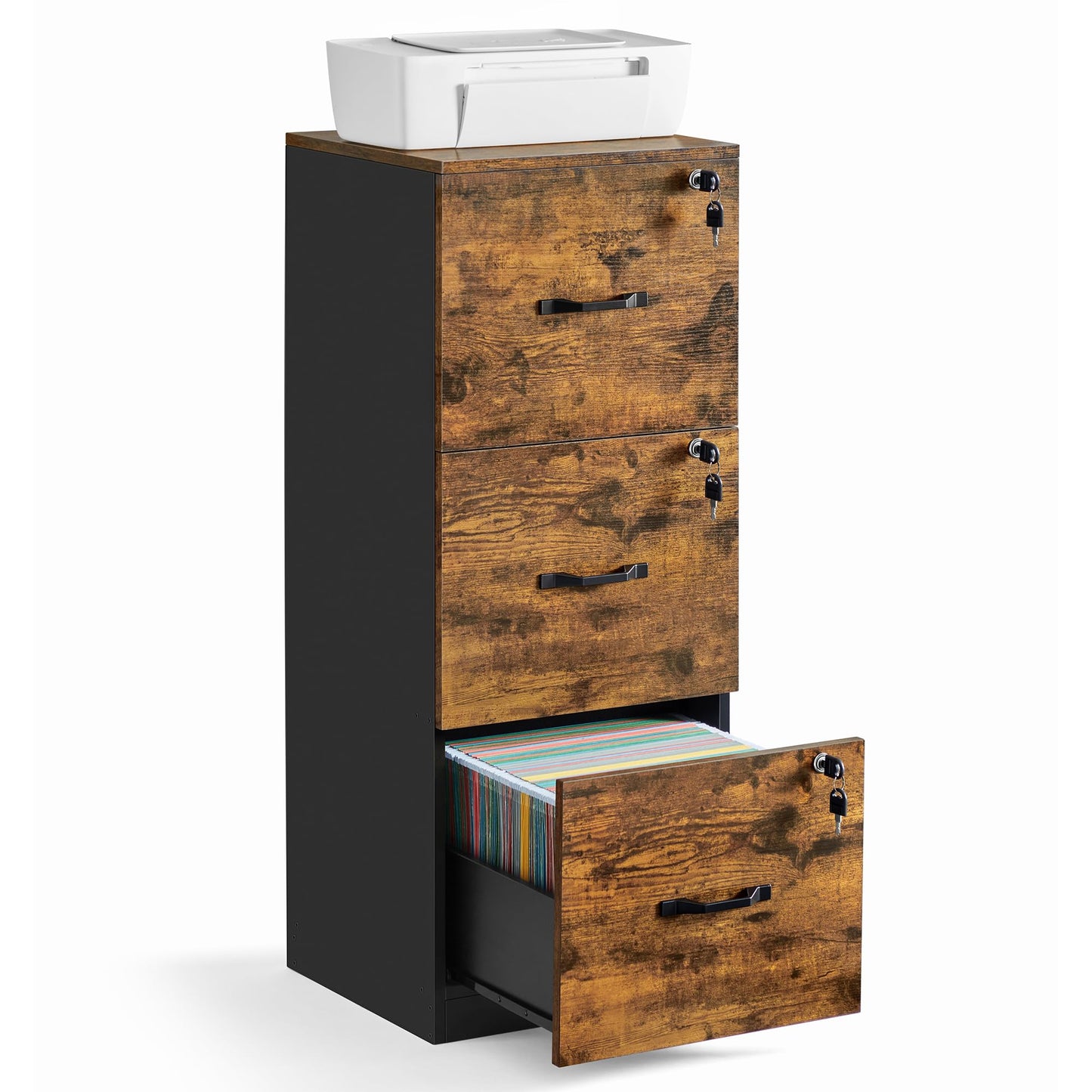 VASAGLE 3-Drawer Vertical File Cabinet, Filing Cabinet for Home Office, Printer Stand, with 3 Lockable Drawers, Adjustable Hanging Rail, for A4 and Letter-Size Files, Rustic Brown and Black UOFC055B01