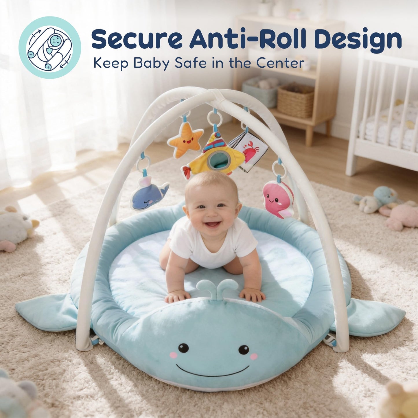 BubblinHome Baby Play Mat, Whale Tummy Time Mat with Toys, Baby Activity Gym for Infants 0–12 Months Sensory Floor Mat for Boys & Girls