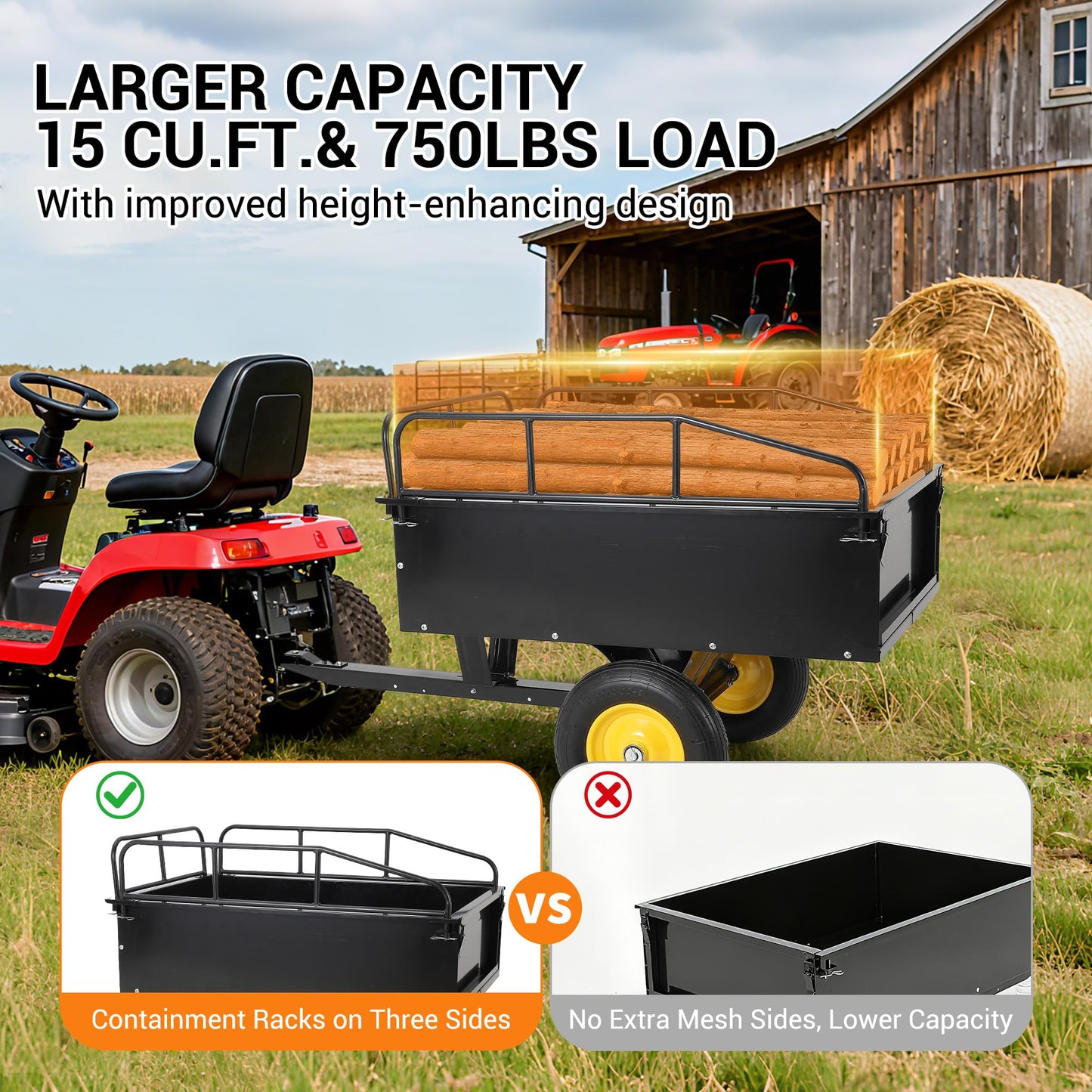 750LB Dump Cart, Heavy Duty Steel Garden Utility Trailer with Manual Dump,Pull Behind Trailer for Lawn Mower, Tractor, ATV for Yard & Farm