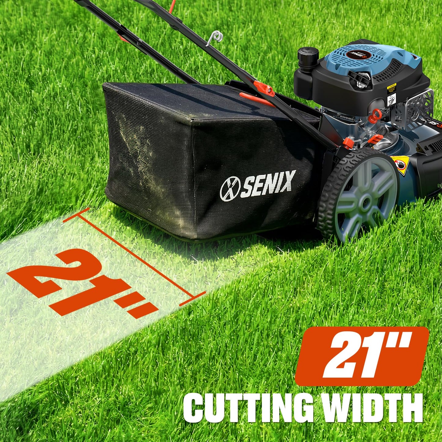 SENIX 144 cc 21-inch Push Lawn Mower, Gas-Powered 4-Stroke Engine, 3-in-1 Design, Steel Deck, 6-Level 1.25''-3.75'' Cutting Height, with 1.7 Bushels Grass Bag
