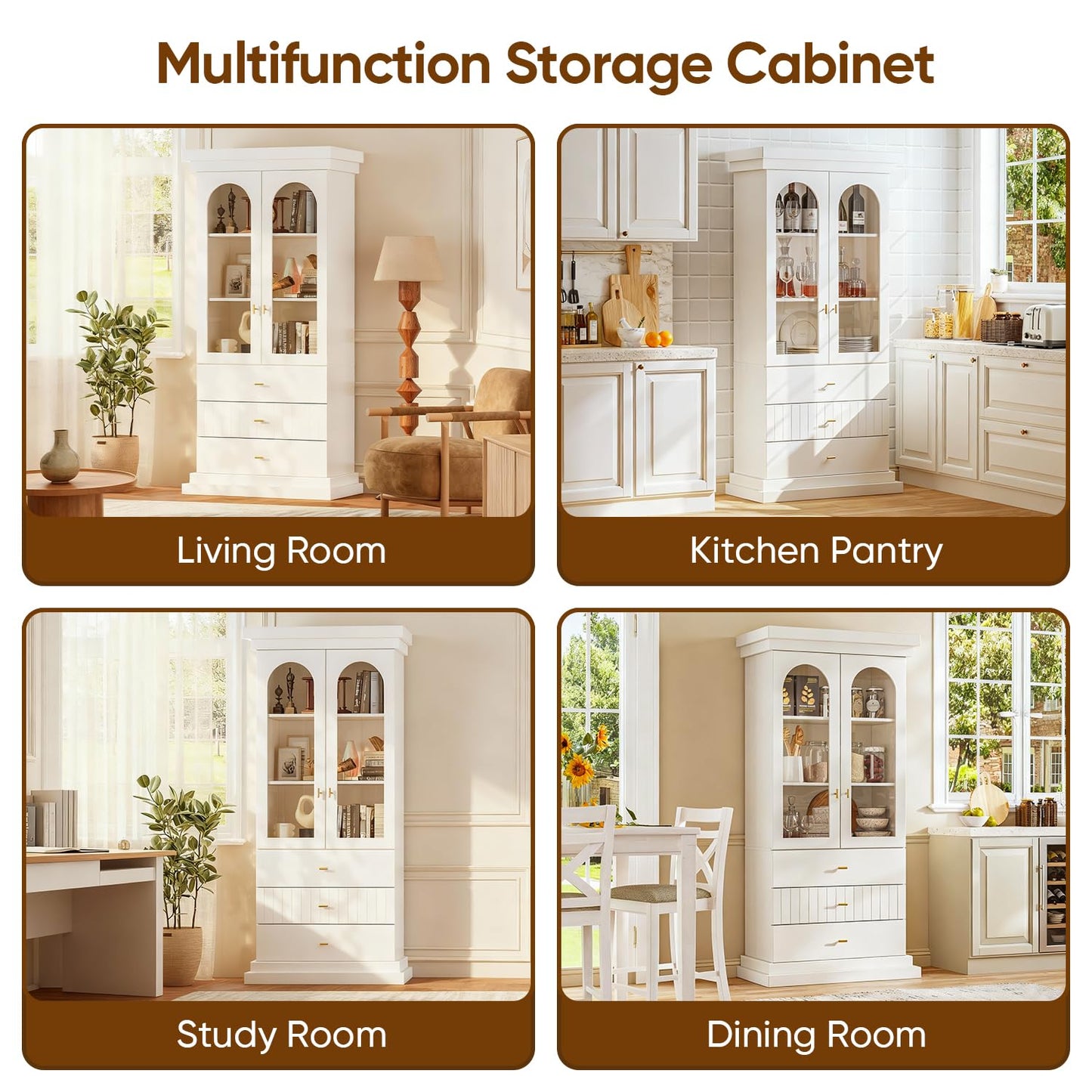 Vyre 71" Arched Kitchen Cabinet, Glass Door Display and Tall Storage Cabinets with Drawers, Modern Pantry for Dining Room or Living Room, White with Gold Handles, 3 of Set