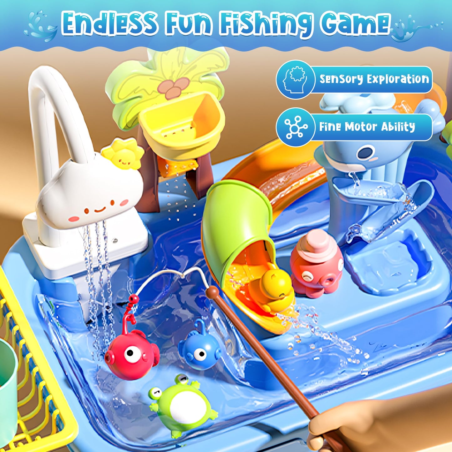 Dtadvlo Upgraded Toddler Sand Water Table Toy with Electric Water Pump, Kids Sand Water with Faucet/Play Food Accessories/Fishing Toy, Kitchen Play Sink Toys for Girl Boy Age 3+