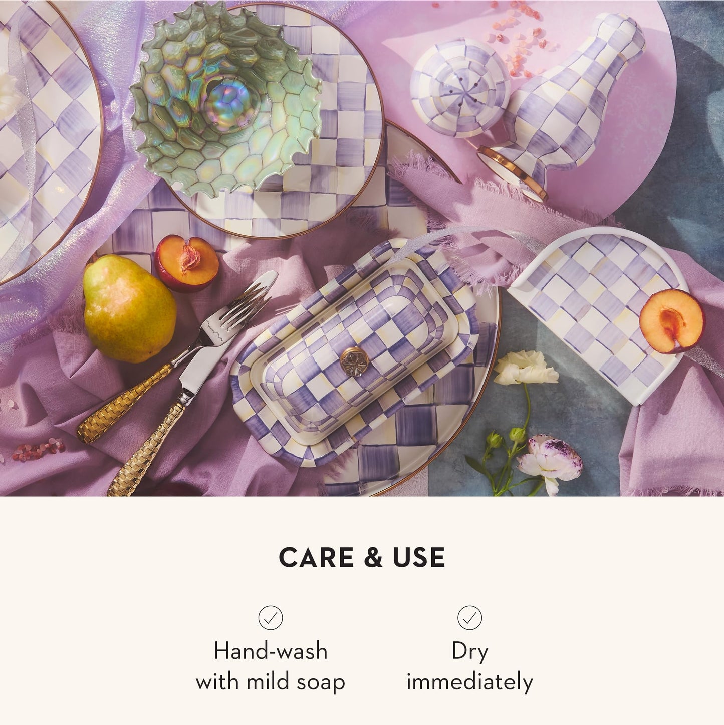 MACKENZIE-CHILDS Enamel Butter Box, Cute Enamel Butter Dish, Purple-and-White Violet Check