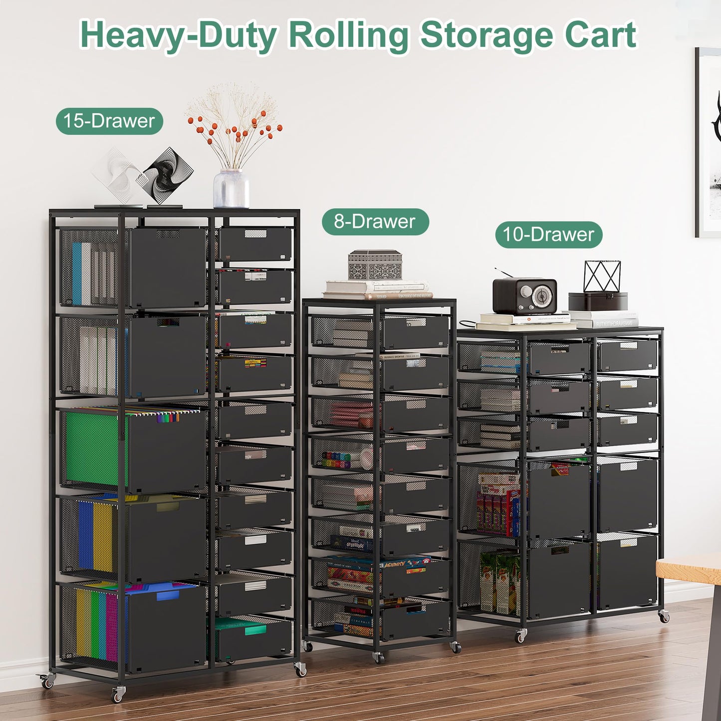 EasyPAG Rolling Cart with Drawers, 10 Drawer Multipurpose Mobile Utility Storage Craft Cart, Metal Filing Cabinet for Home Office, Black