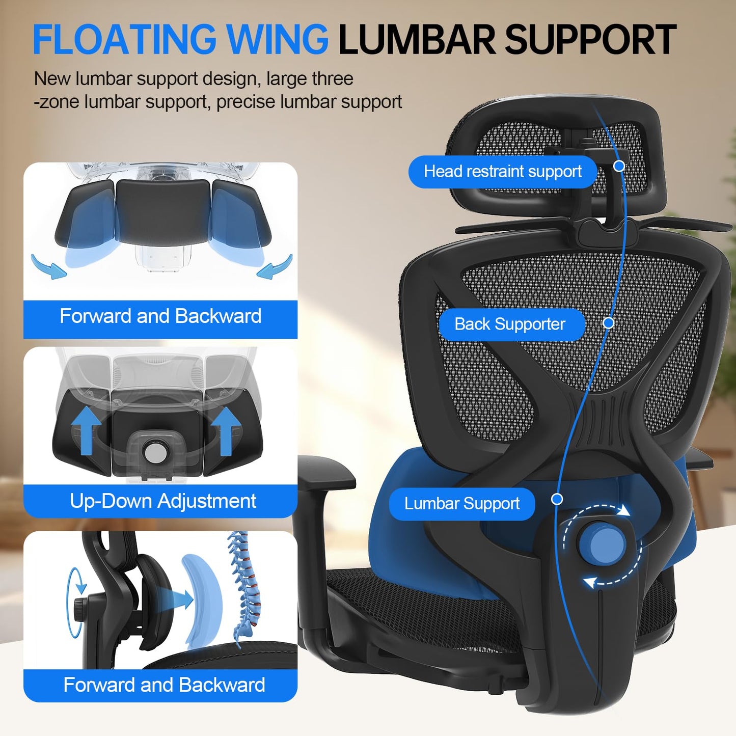 Freepub Ergonomic Mesh Office Chair, Home Desk Chair Comfy with Adjustable Lumbar Support 3D Headrest and Armrests, Reclining Big and Tall High Back Computer Gaming Chairs for Man Women, 350lbs Black